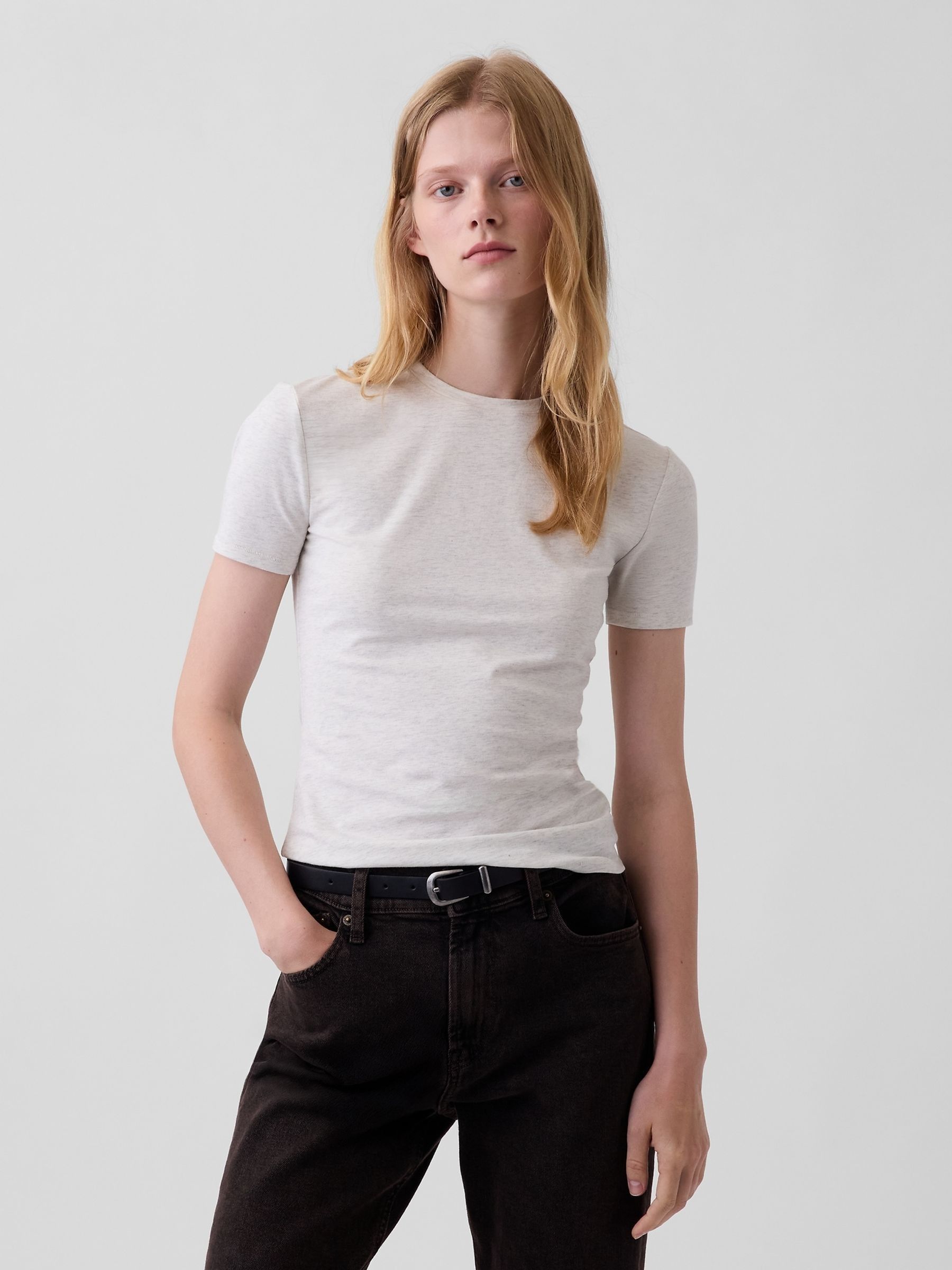 Light Grey Close Knit Jersey Short Sleeve T-Shirt - Image 1 of 3 Light Grey Close Knit Jersey Short Sleeve T-Shirt - Image 1 of 3