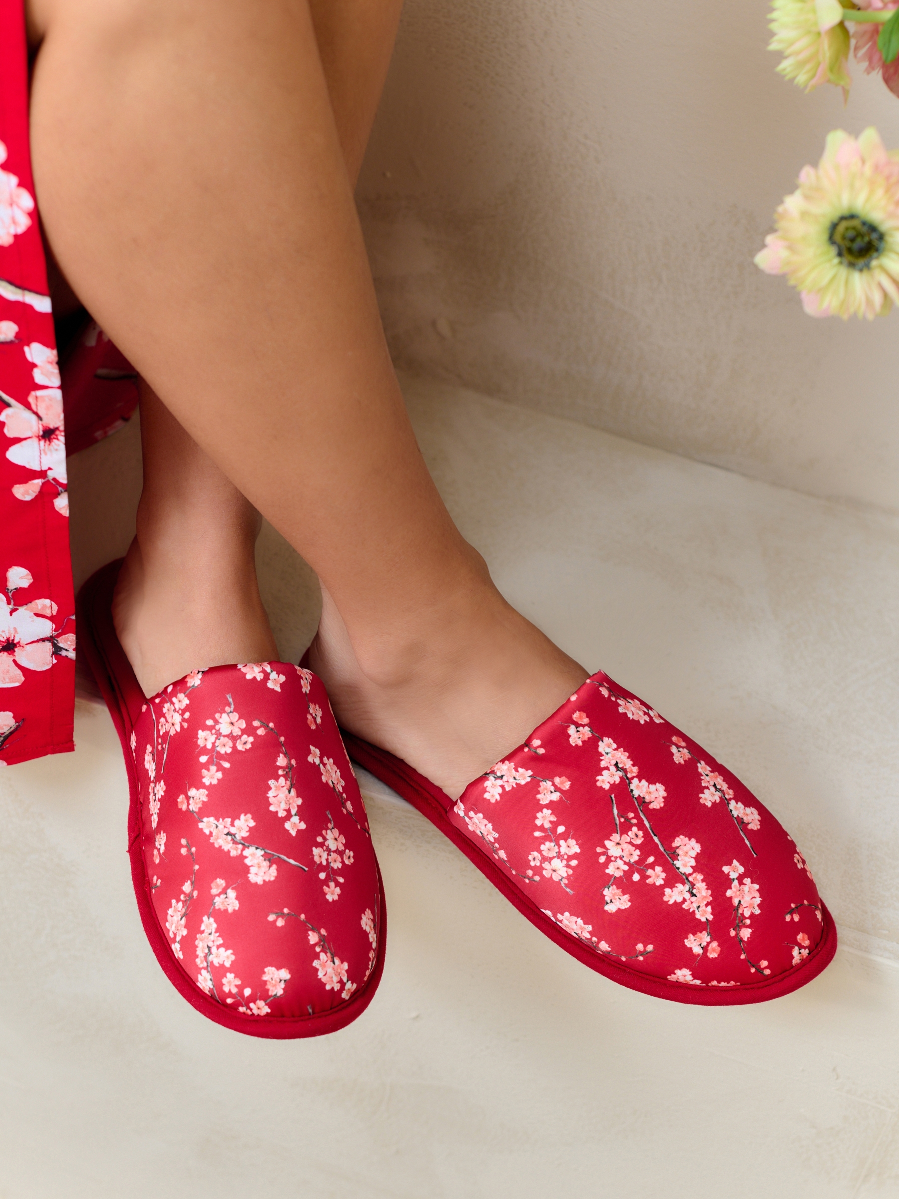 Red Japanese Cherry Blossom Mule Slippers - Image 1 of 8