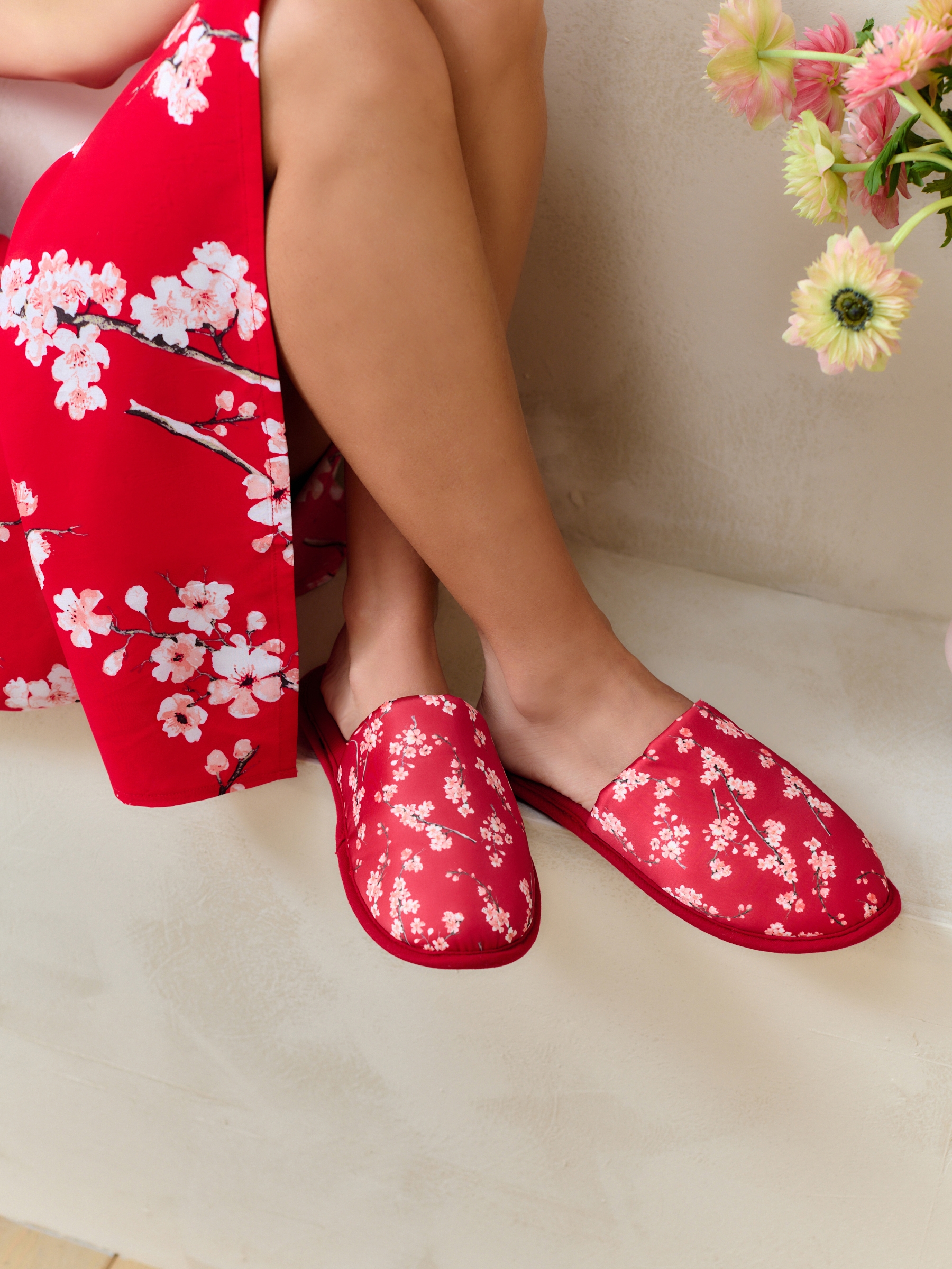Red Japanese Cherry Blossom Mule Slippers - Image 2 of 8