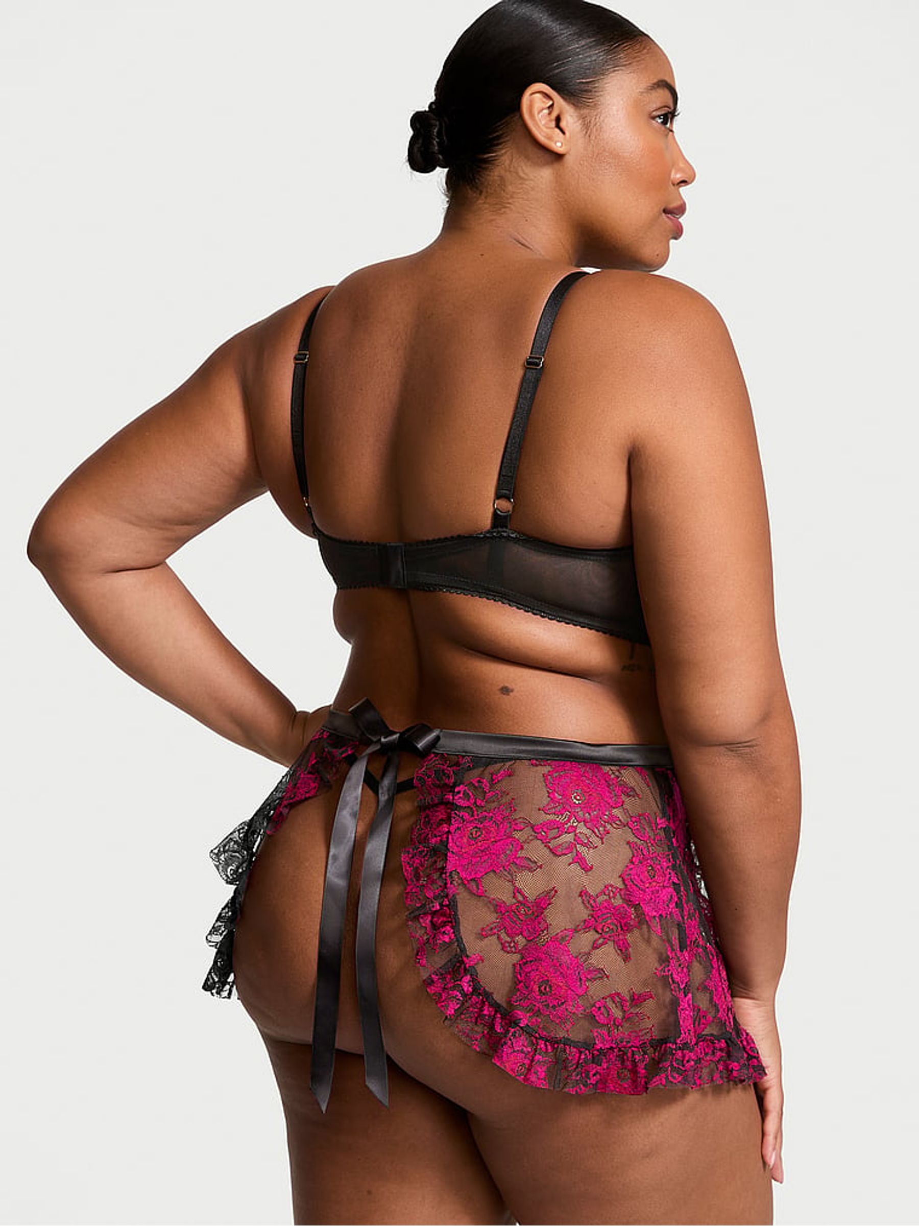 Black & Pink Lace Unlined Balcony Babydoll Set - Image 2 of 3
