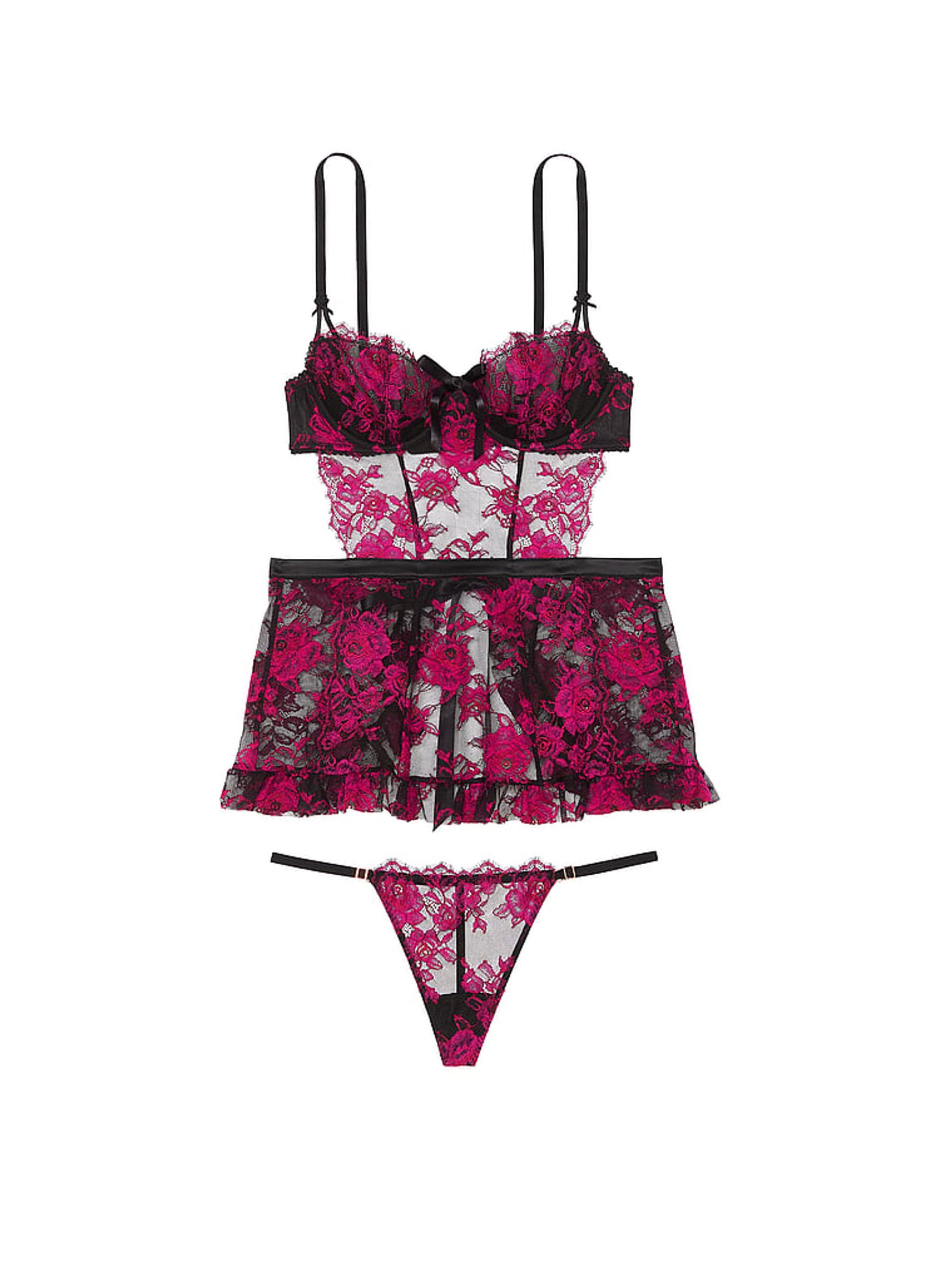 Black & Pink Lace Unlined Balcony Babydoll Set - Image 3 of 3