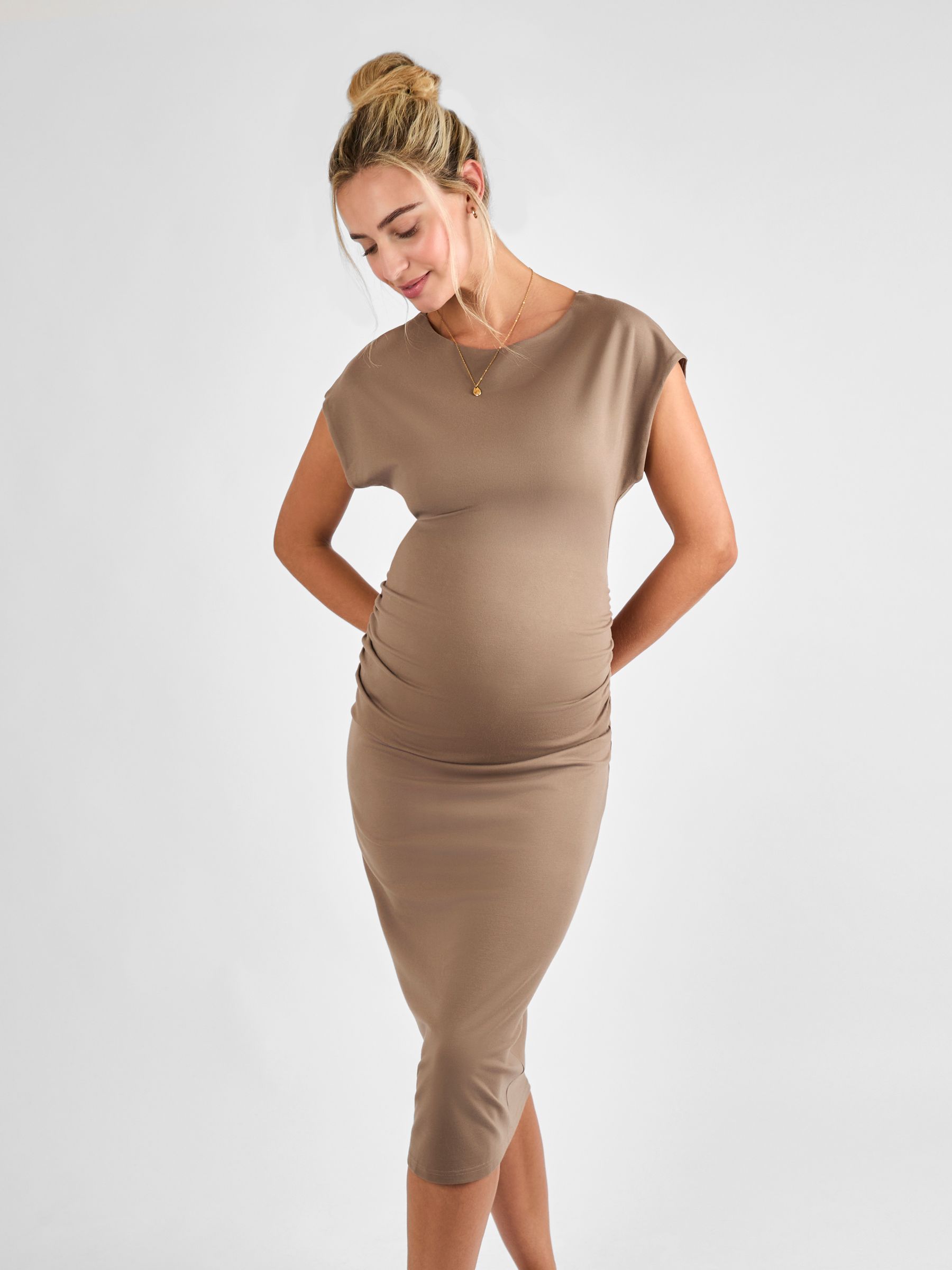 Mocha Ruched Side Maternity Bodycon Midi Dress - Image 2 of 5