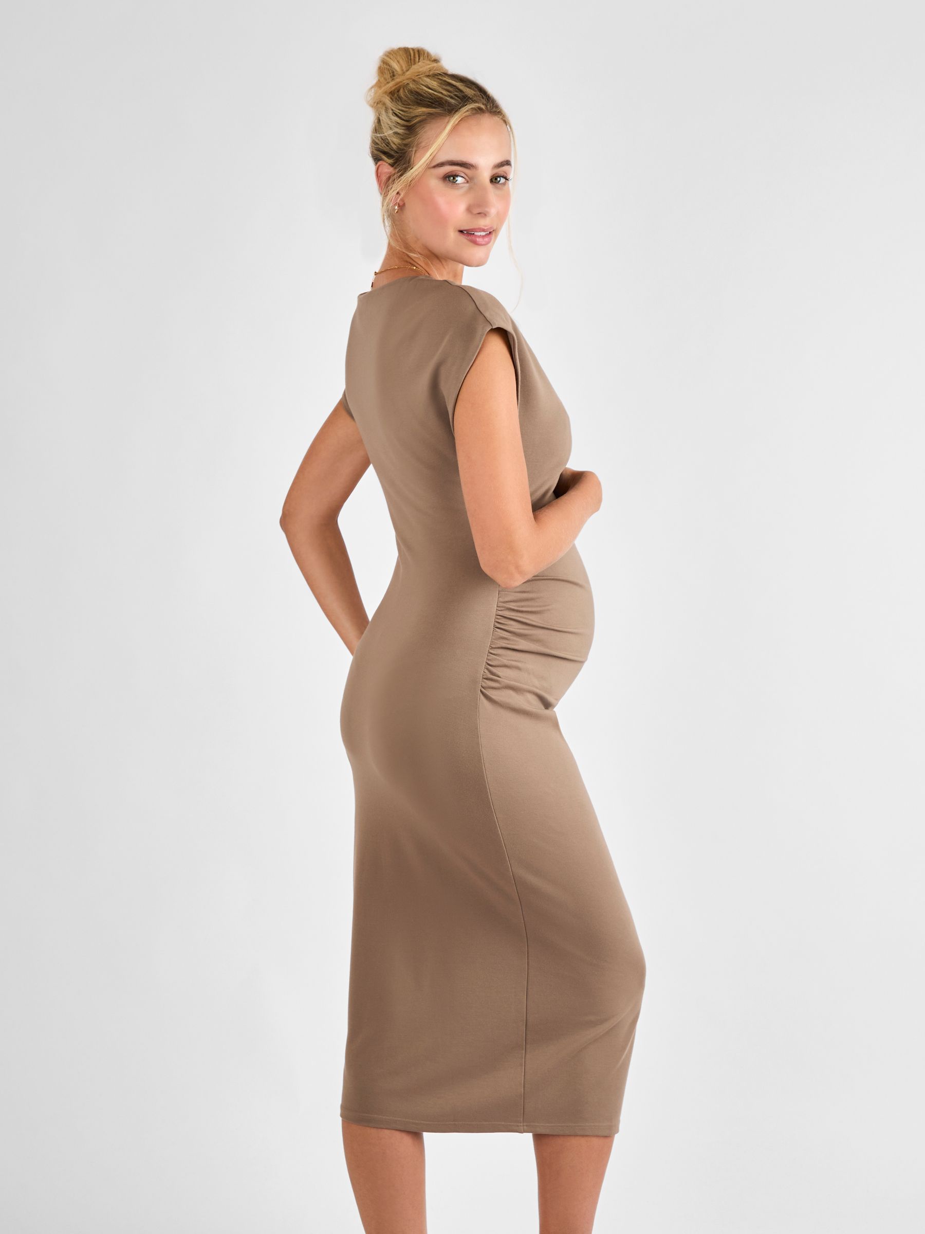 Mocha Ruched Side Maternity Bodycon Midi Dress - Image 3 of 5