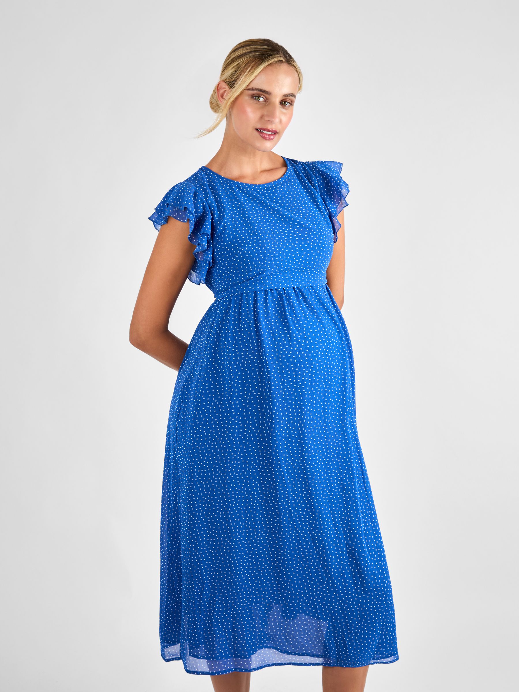 Blue Spot Frill Sleeve Maternity Midi Dress