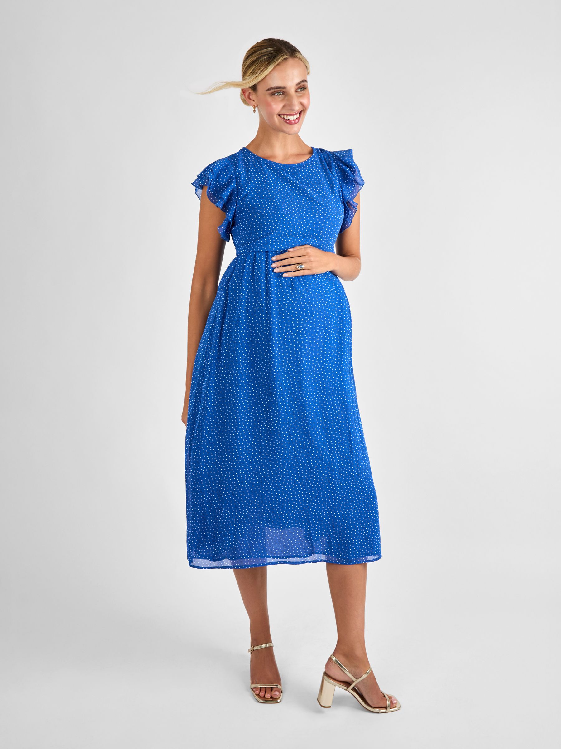 Blue Spot Frill Sleeve Maternity Midi Dress - Image 3 of 4