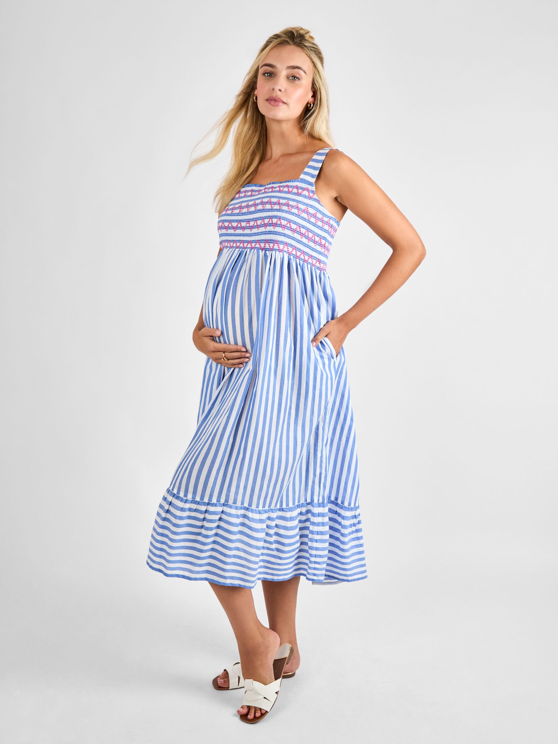 Blue Stripe Shirred Maternity Midi Dress - Image 2 of 4