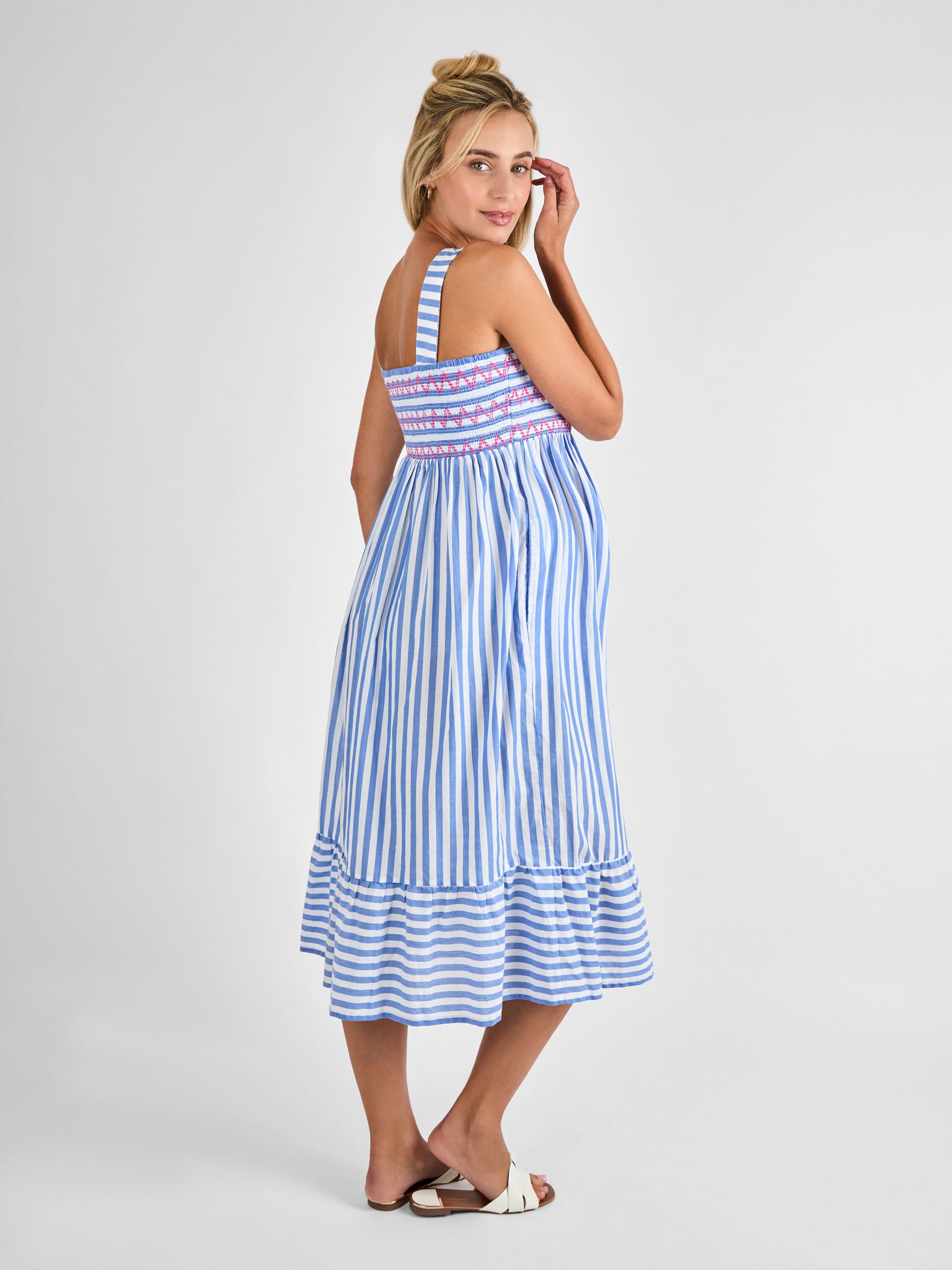 Blue Stripe Shirred Maternity Midi Dress - Image 3 of 4
