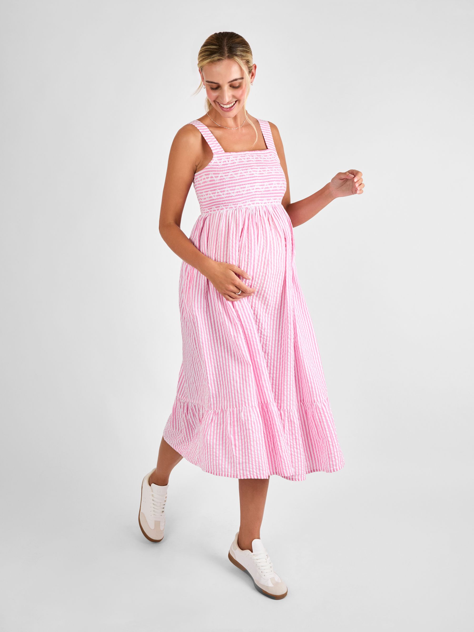 Pink Stripe Shirred Maternity Midi Dress - Image 2 of 4