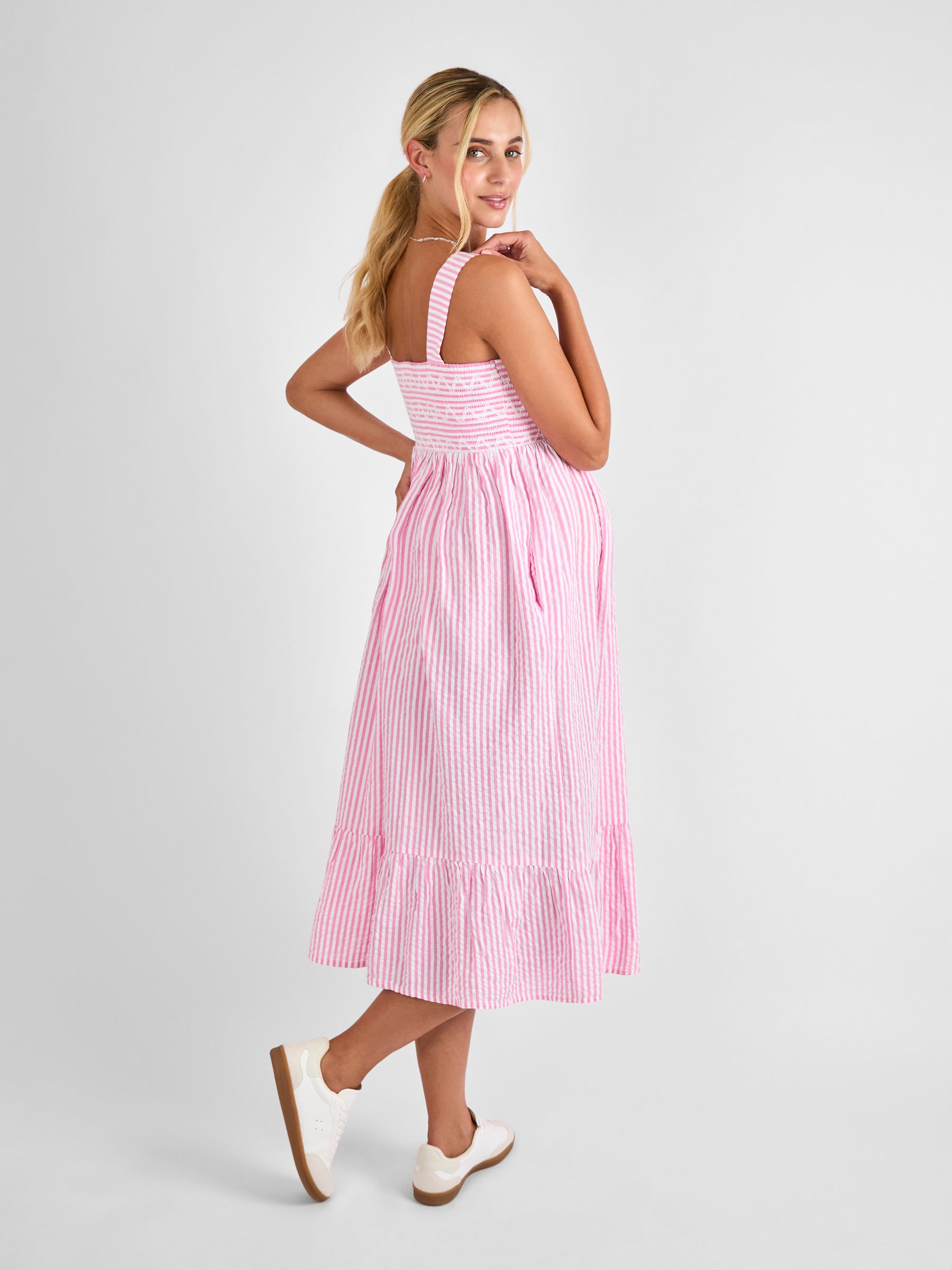 Pink Stripe Shirred Maternity Midi Dress - Image 3 of 4