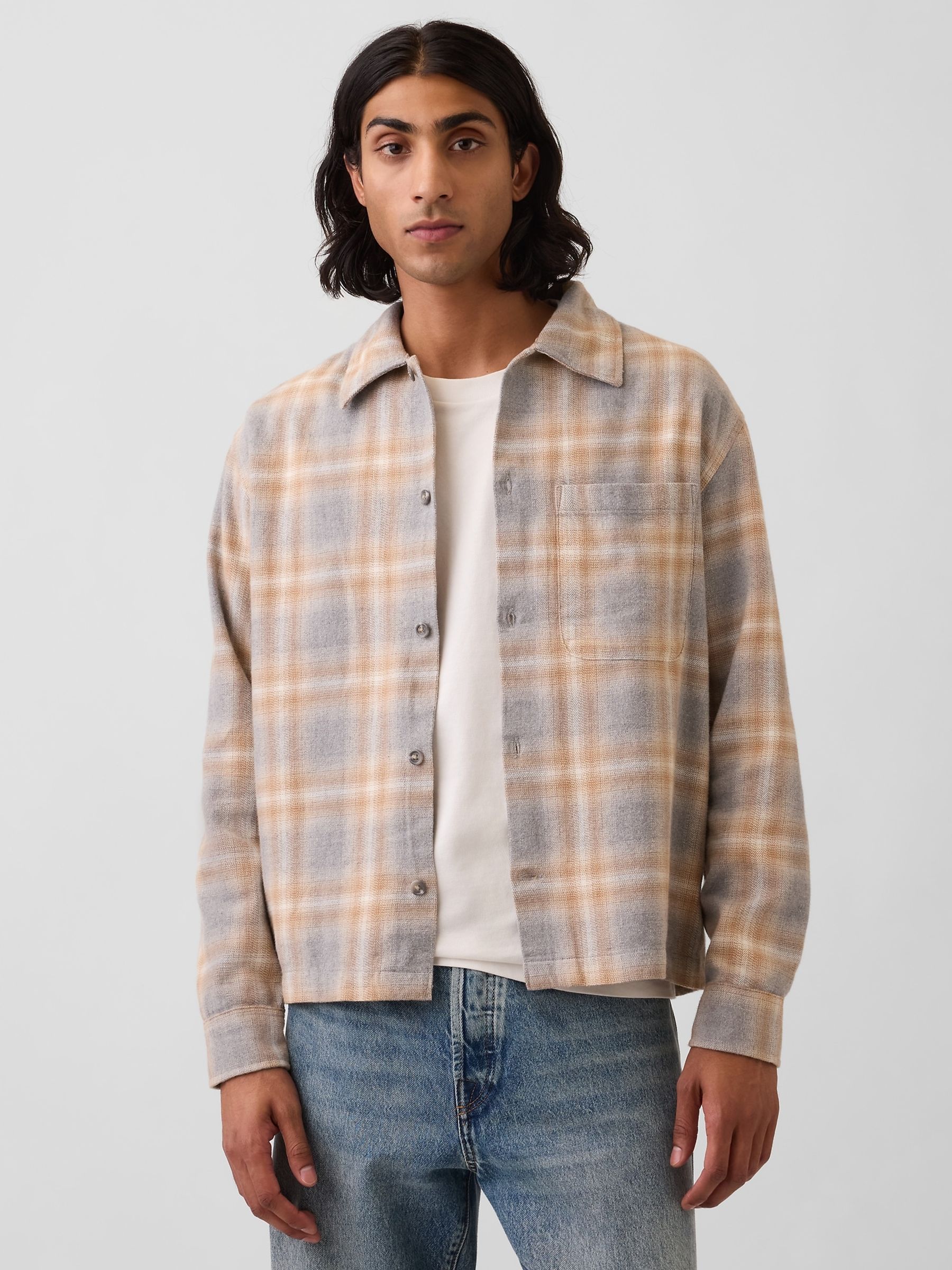 Grey/Yellow Check Relaxed Straight-Hem Flannel Shirt - Image 1 of 4