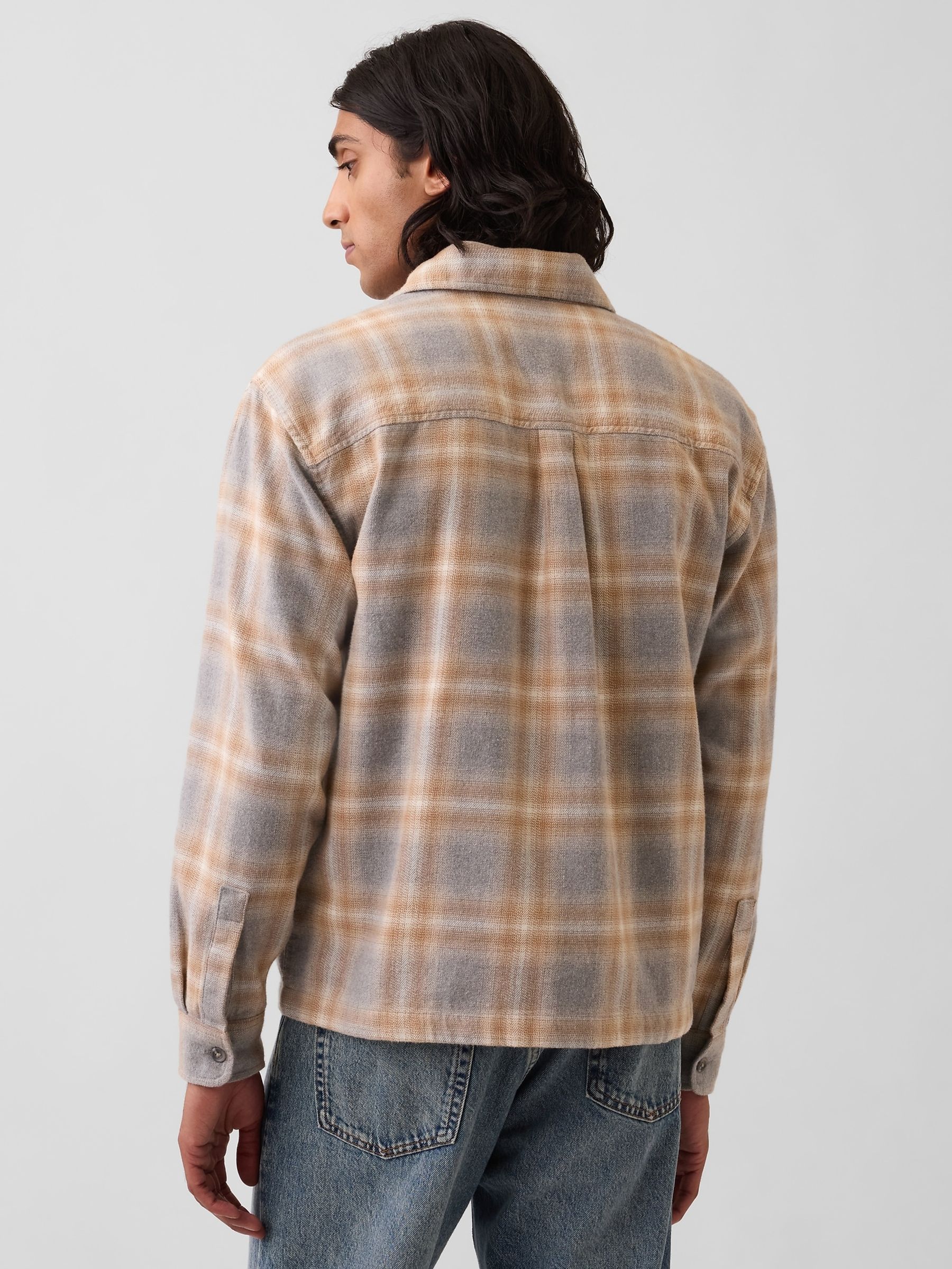 Grey/Yellow Check Relaxed Straight-Hem Flannel Shirt - Image 2 of 4 Grey/Yellow Check Relaxed Straight-Hem Flannel Shirt - Image 2 of 4