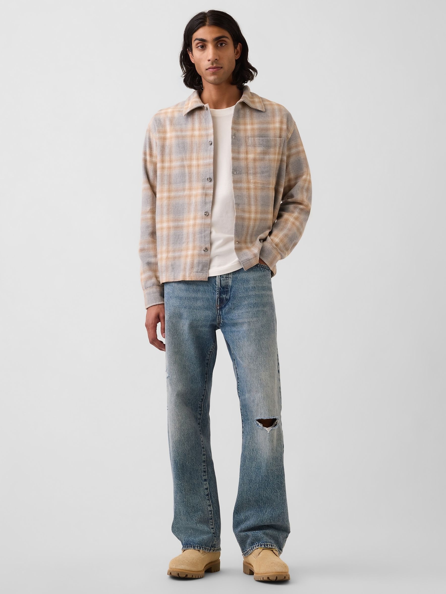 Grey/Yellow Check Relaxed Straight-Hem Flannel Shirt - Image 3 of 4