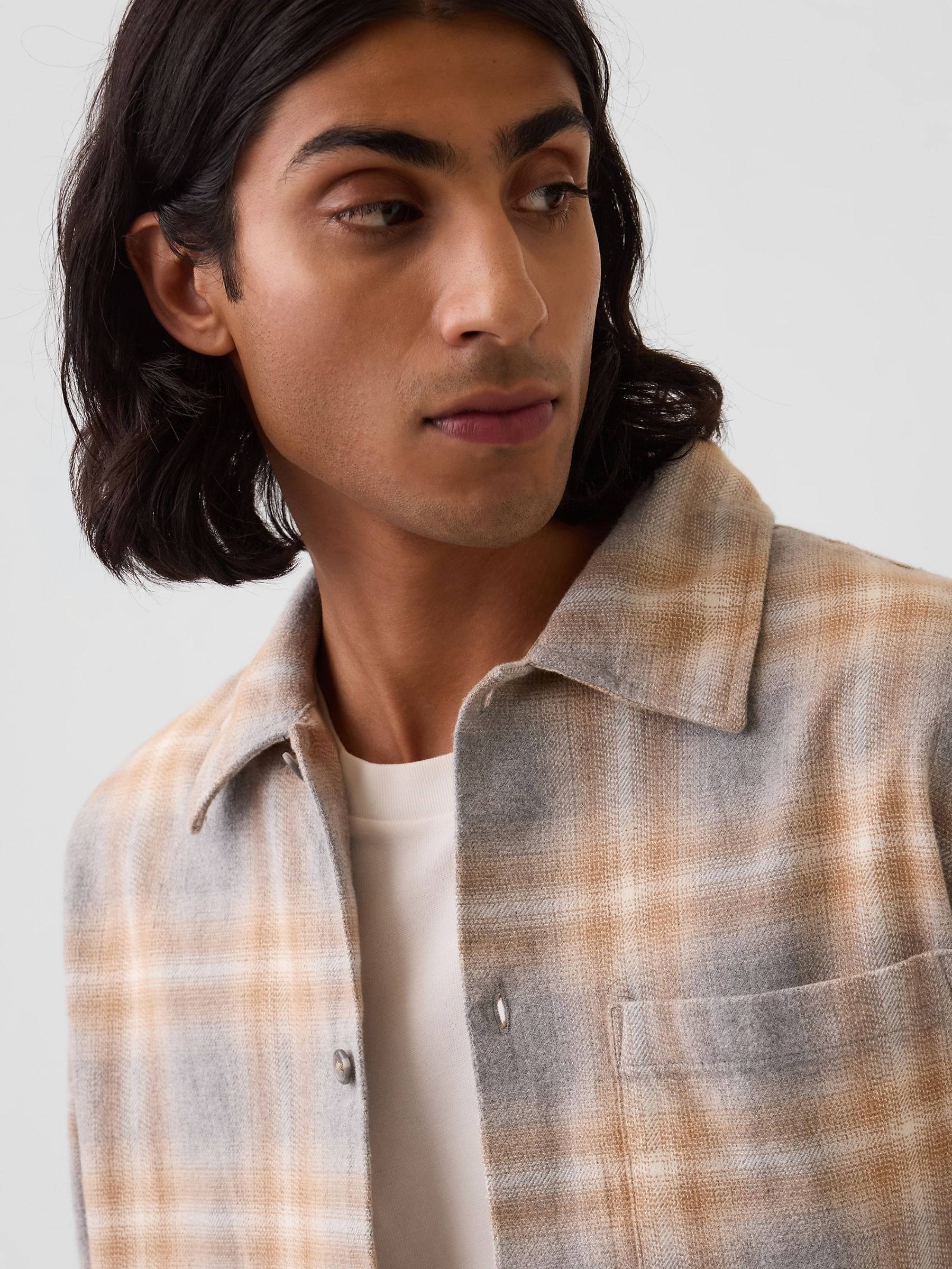 Grey/Yellow Check Relaxed Straight-Hem Flannel Shirt - Image 4 of 4 Grey/Yellow Check Relaxed Straight-Hem Flannel Shirt - Image 4 of 4