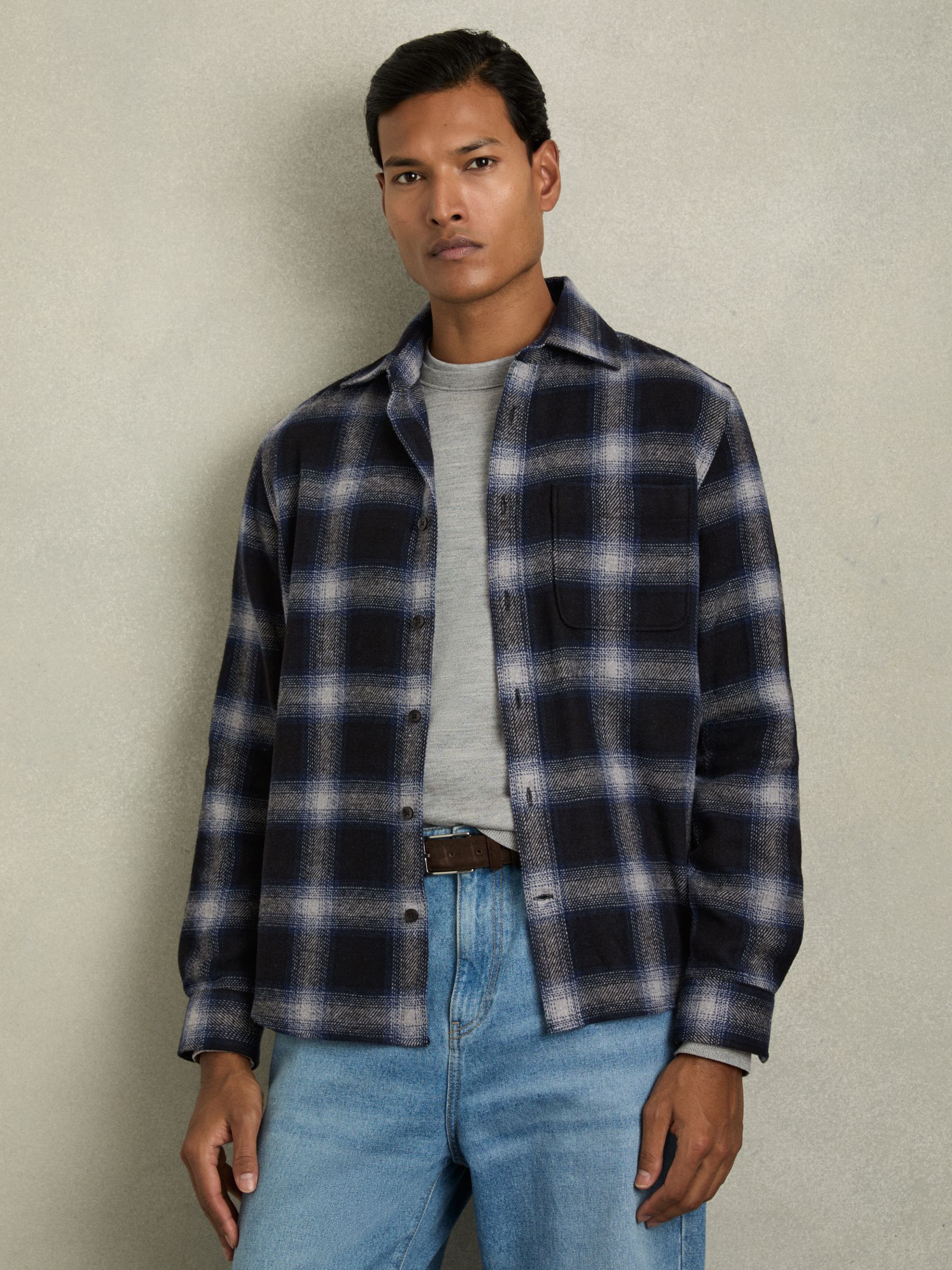 Check Patch Pocket Overshirt With Wool in Navy Multi - Image 3 of 7