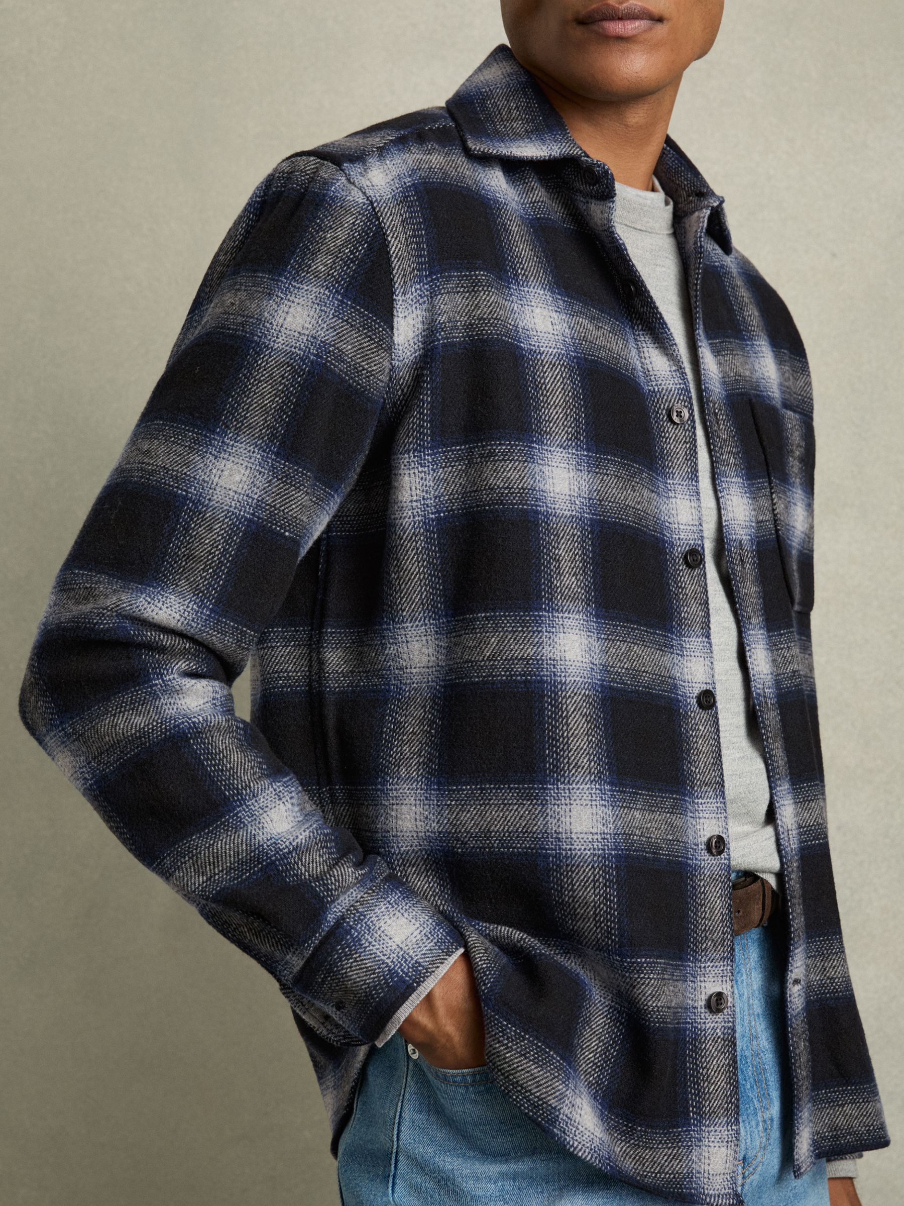 Check Patch Pocket Overshirt With Wool in Navy Multi - Image 4 of 7