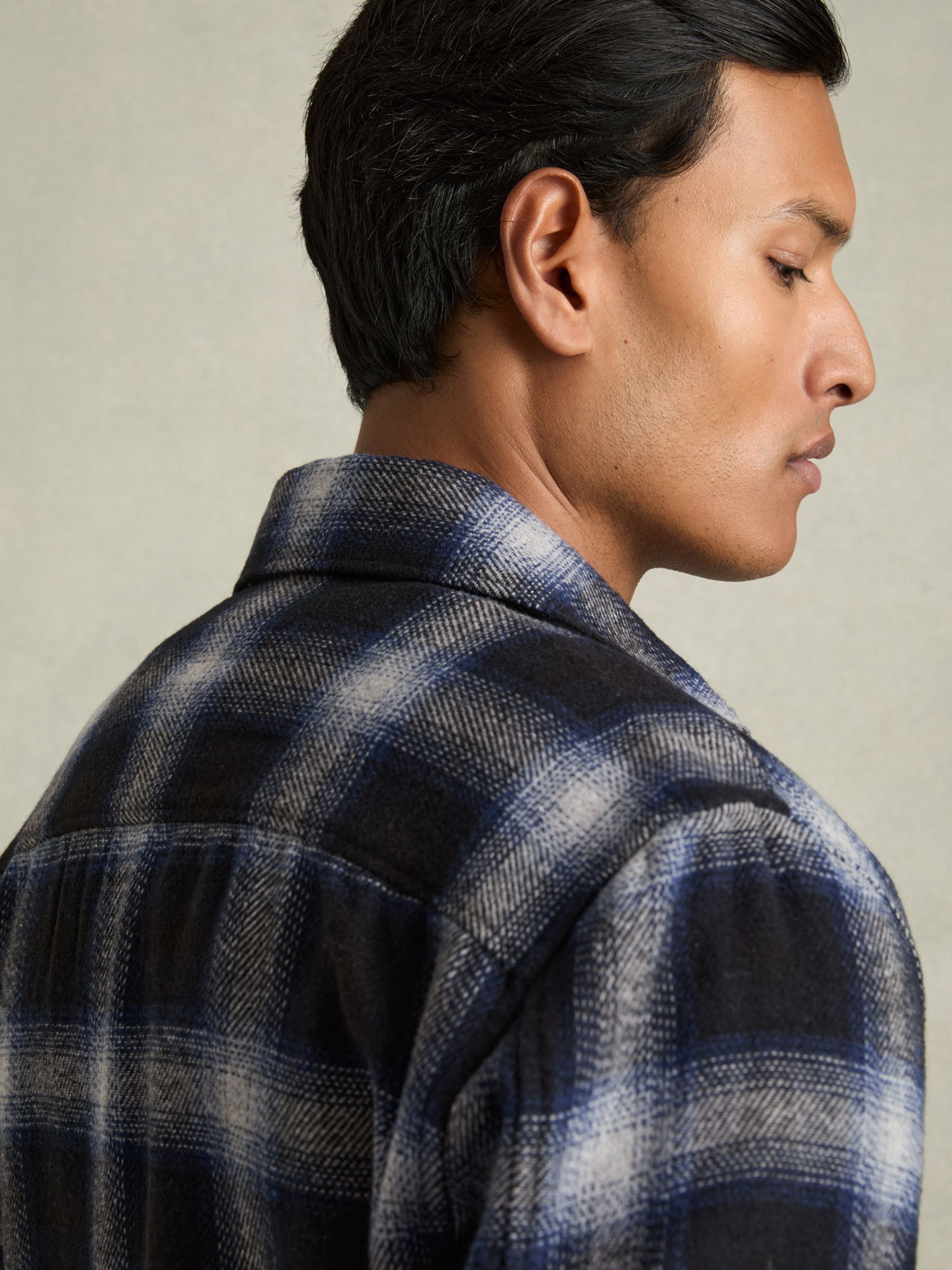 Check Patch Pocket Overshirt With Wool in Navy Multi - Image 5 of 7