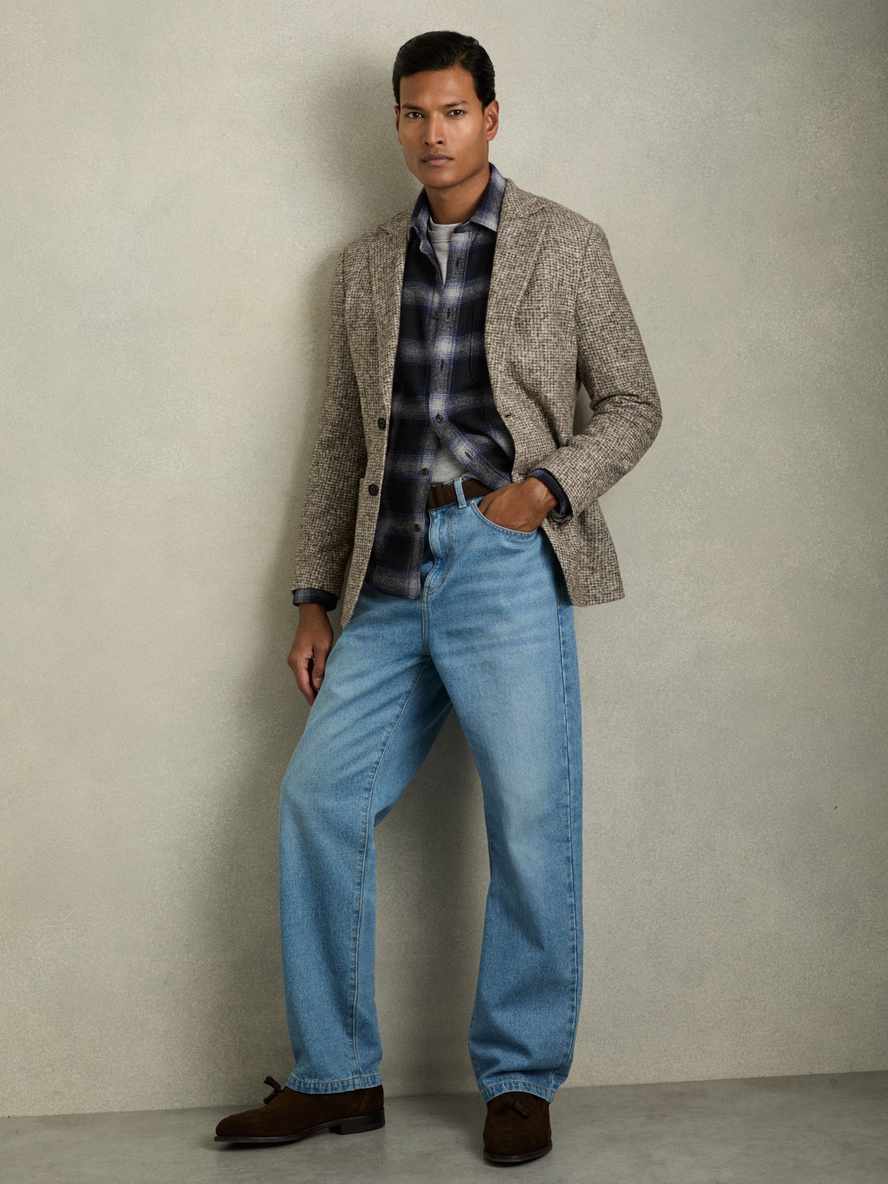 Check Patch Pocket Overshirt With Wool in Navy Multi - Image 6 of 7