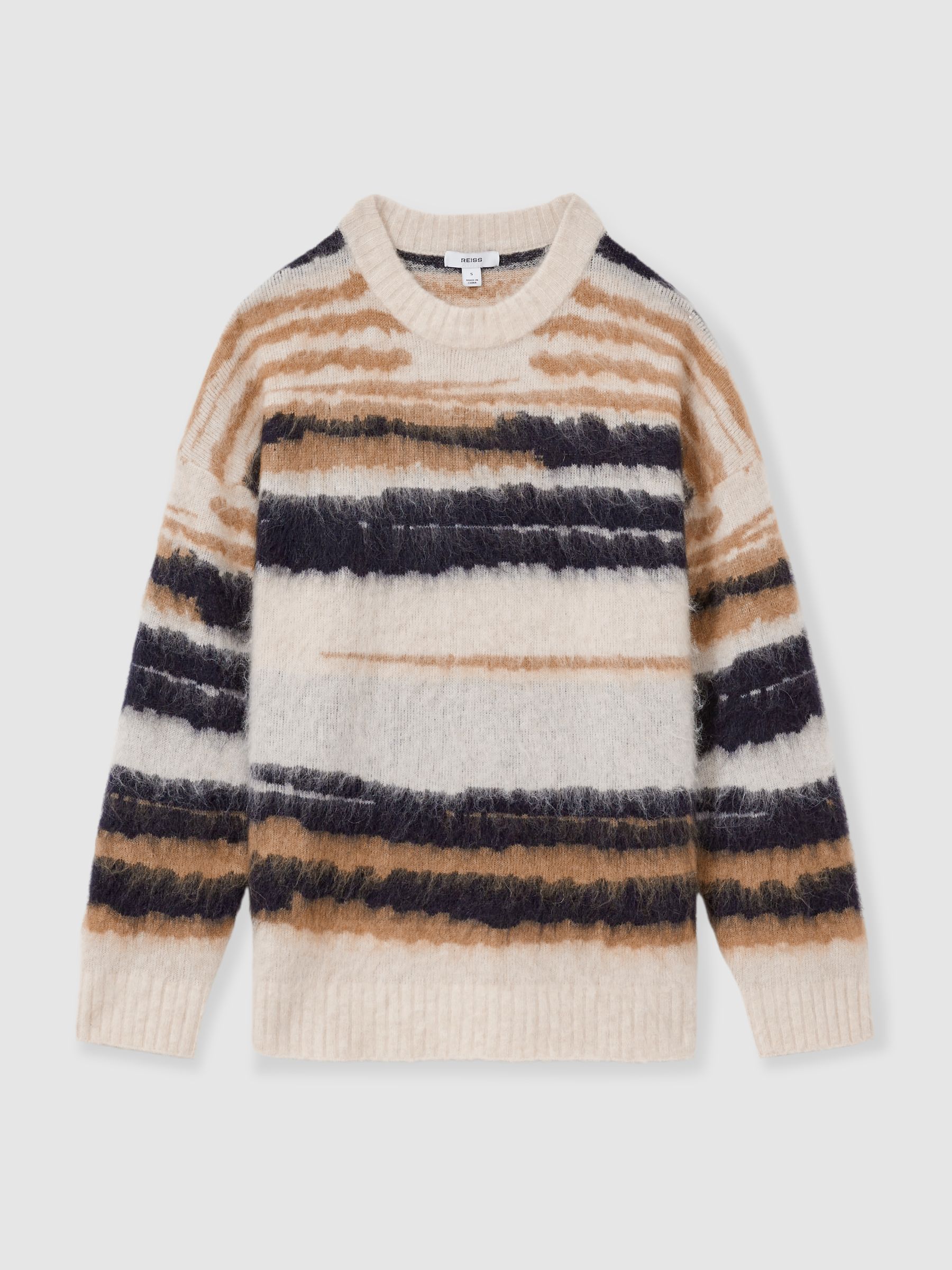Striped Crew-Neck Jumper With Mohair in Cream/Camel