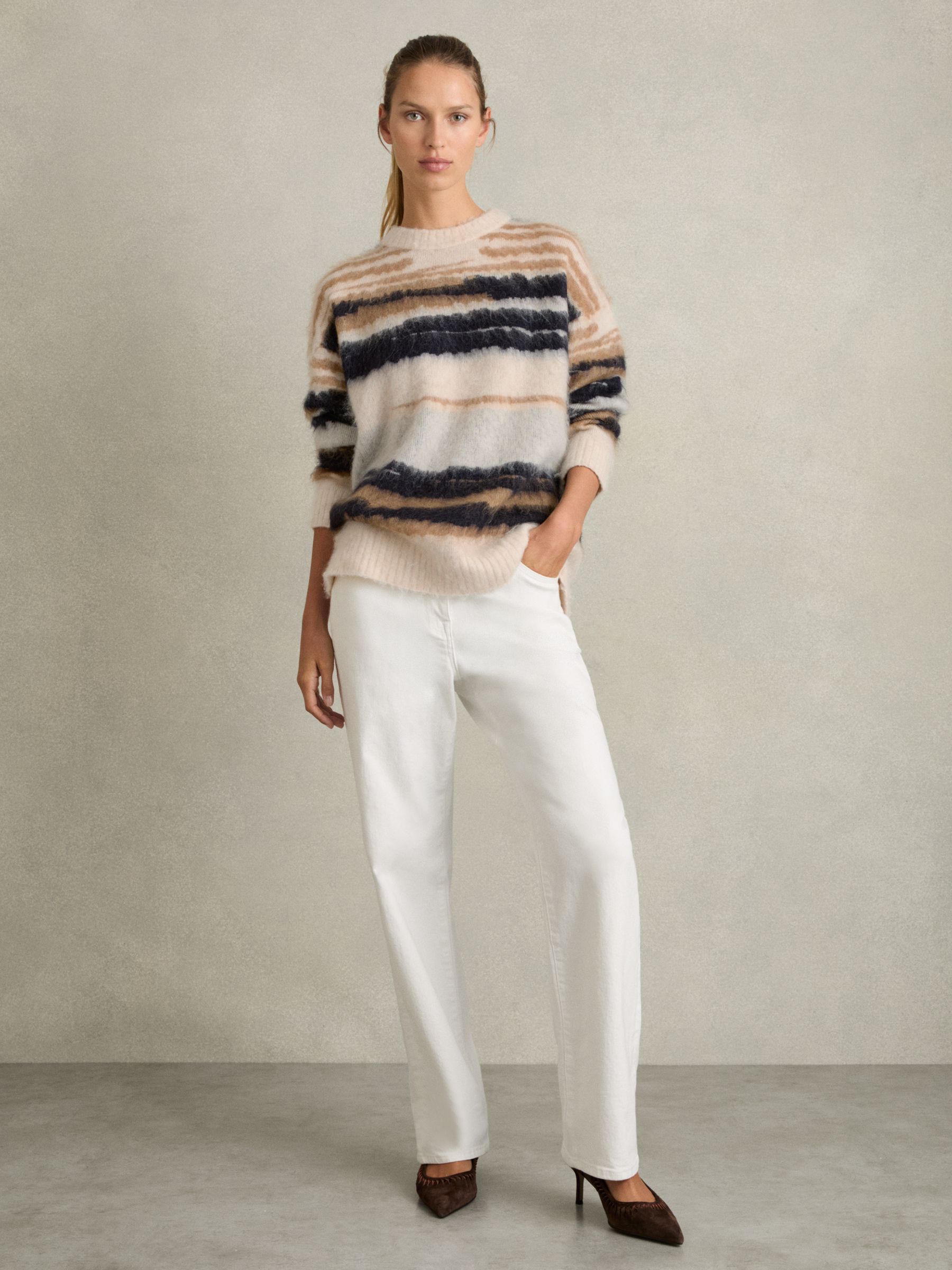 Striped Crew-Neck Jumper With Mohair in Cream/Camel - Image 4 of 6