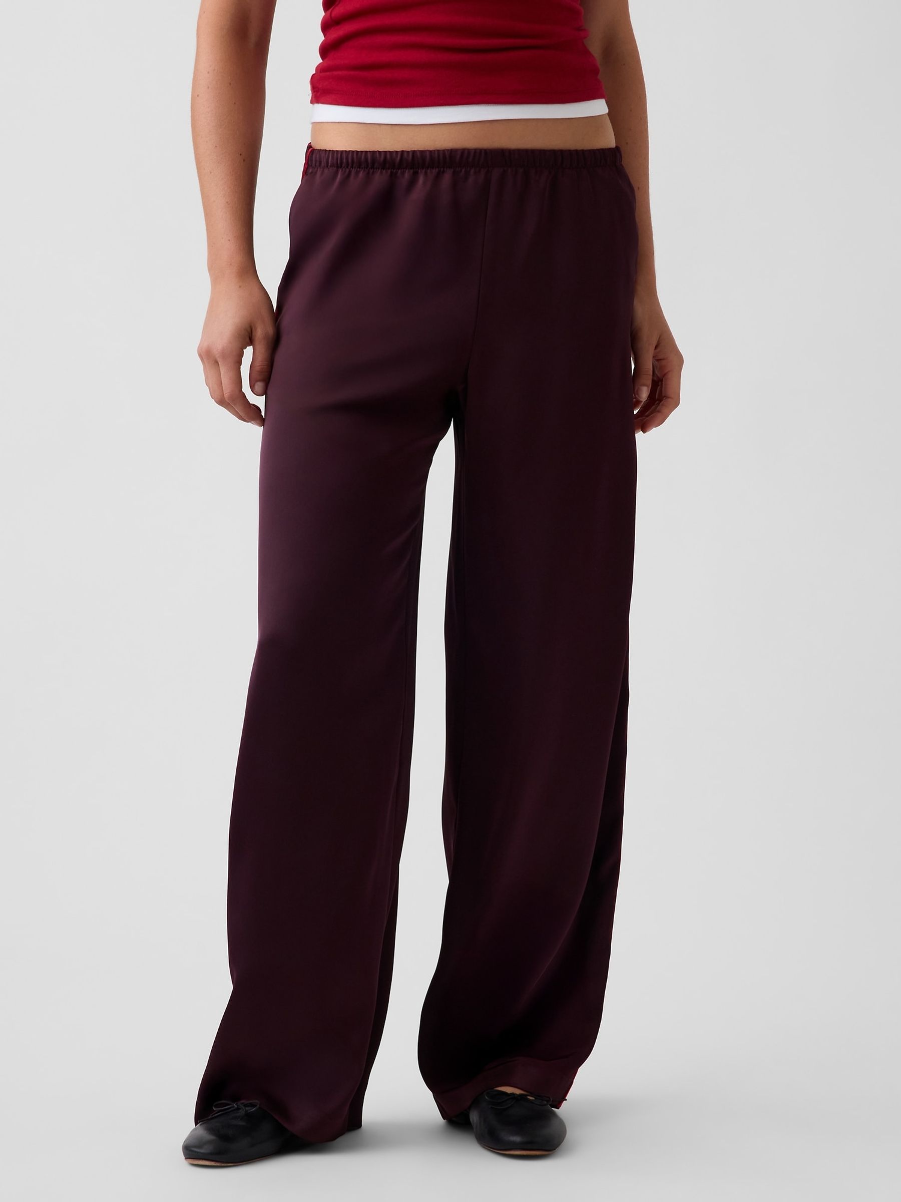 Burgundy Red Satin Easy Wide-Leg Trousers - Image 1 of 5