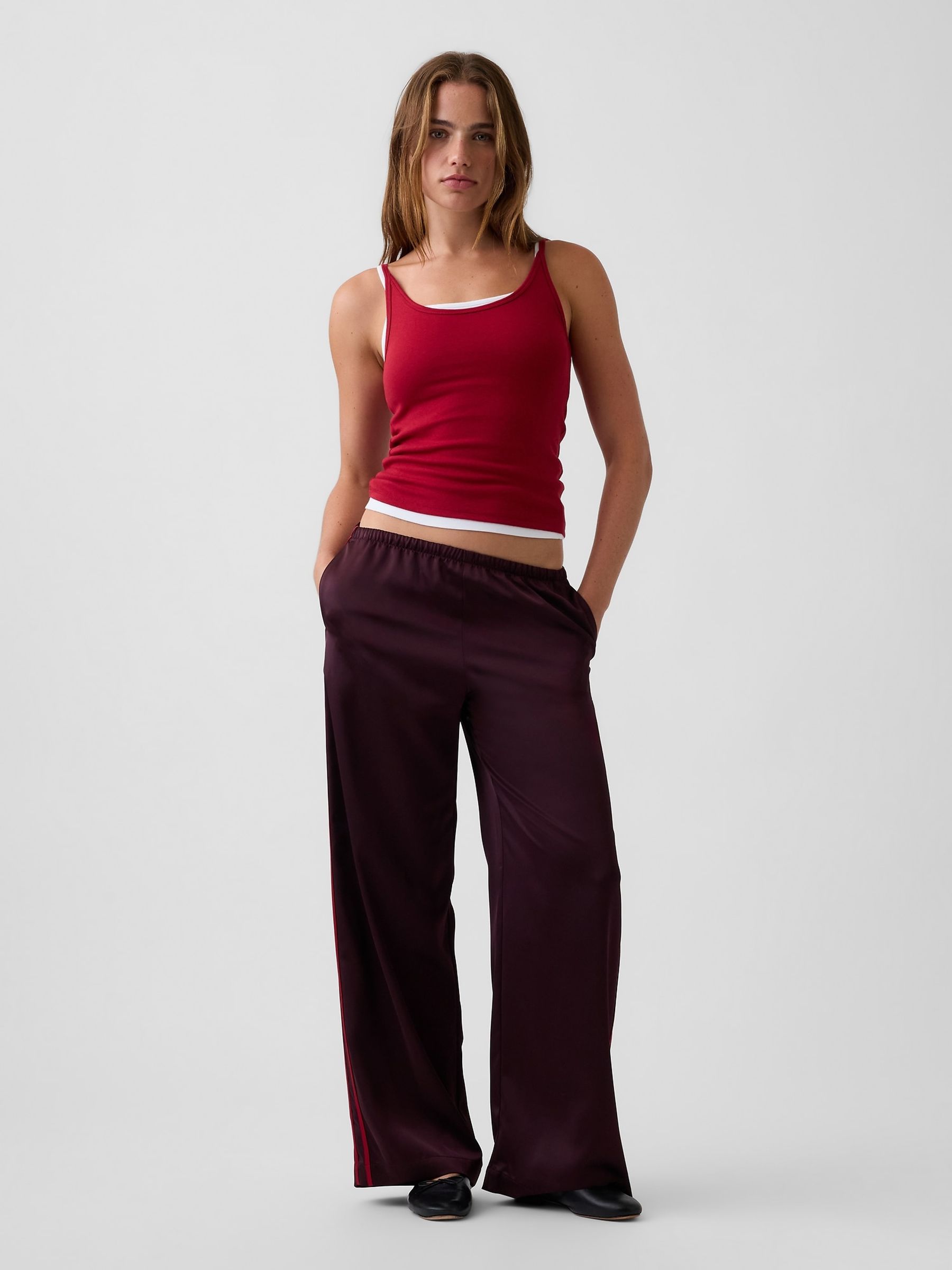 Burgundy Red Satin Easy Wide-Leg Trousers - Image 4 of 5