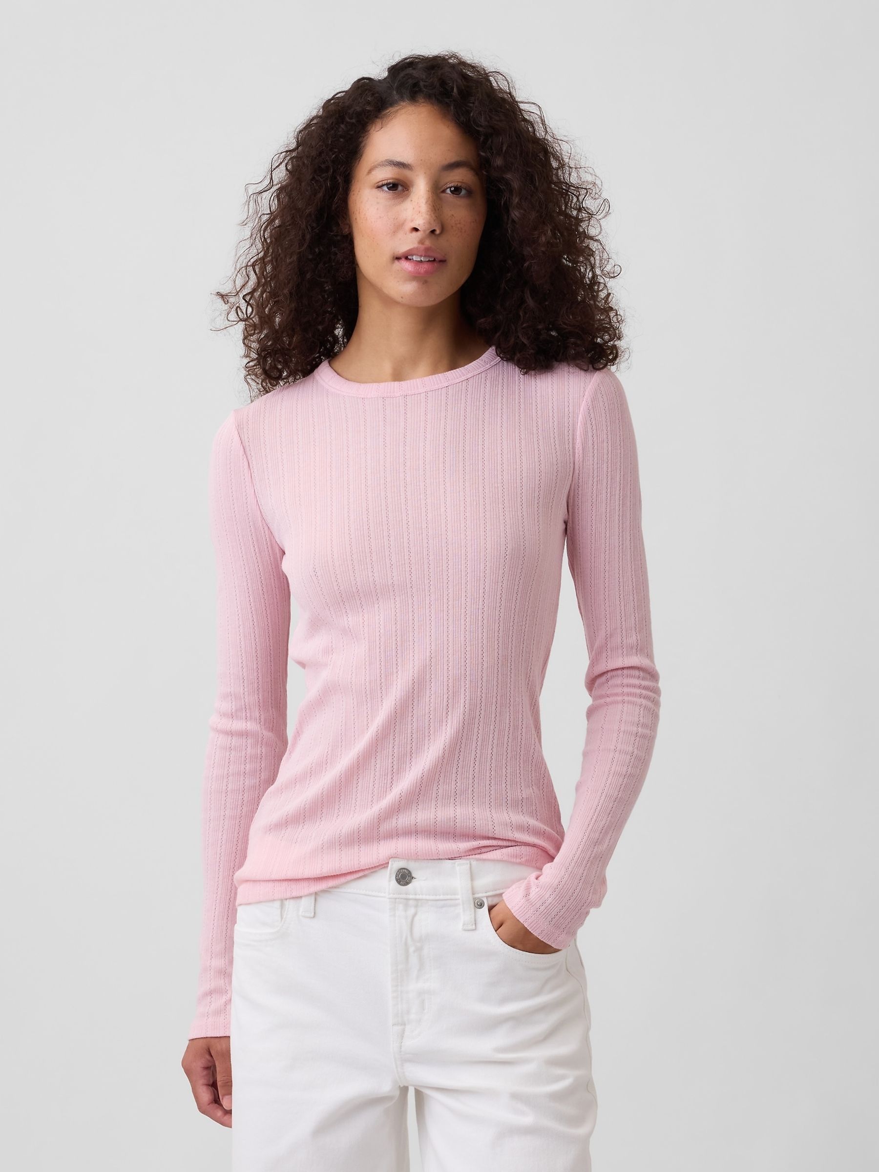 Pink Essential Ribbed Pointelle Long Sleeve T-Shirt - Image 1 of 5