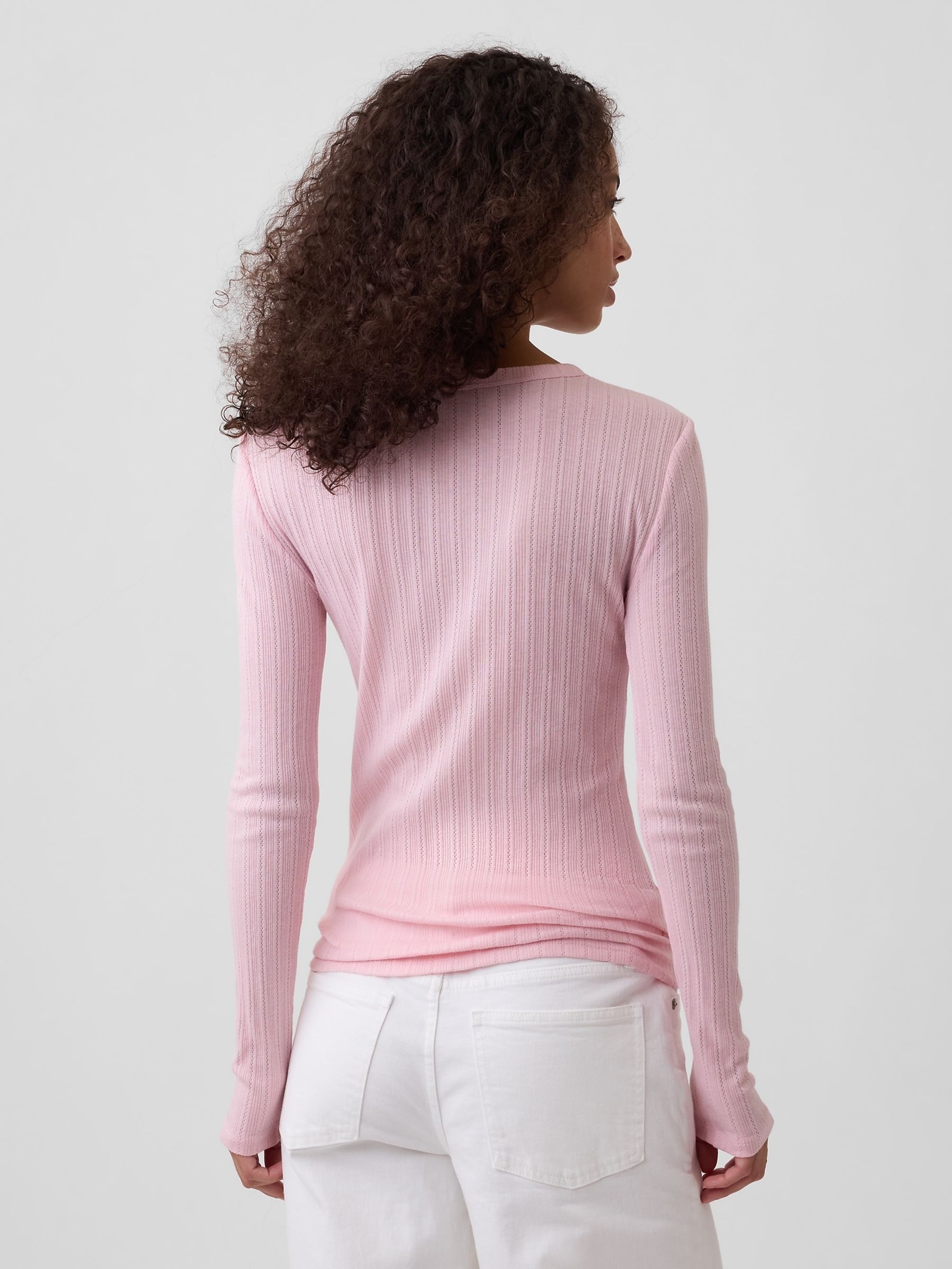 Pink Essential Ribbed Pointelle Long Sleeve T-Shirt - Image 2 of 5 Pink Essential Ribbed Pointelle Long Sleeve T-Shirt - Image 2 of 5