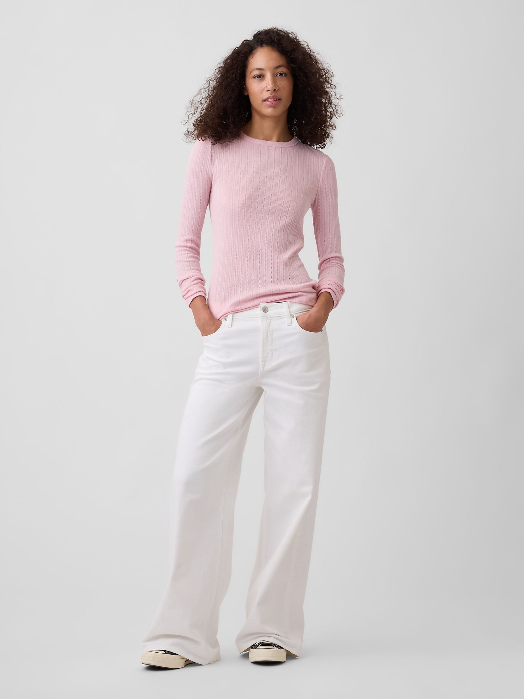 Pink Essential Ribbed Pointelle Long Sleeve T-Shirt - Image 3 of 5