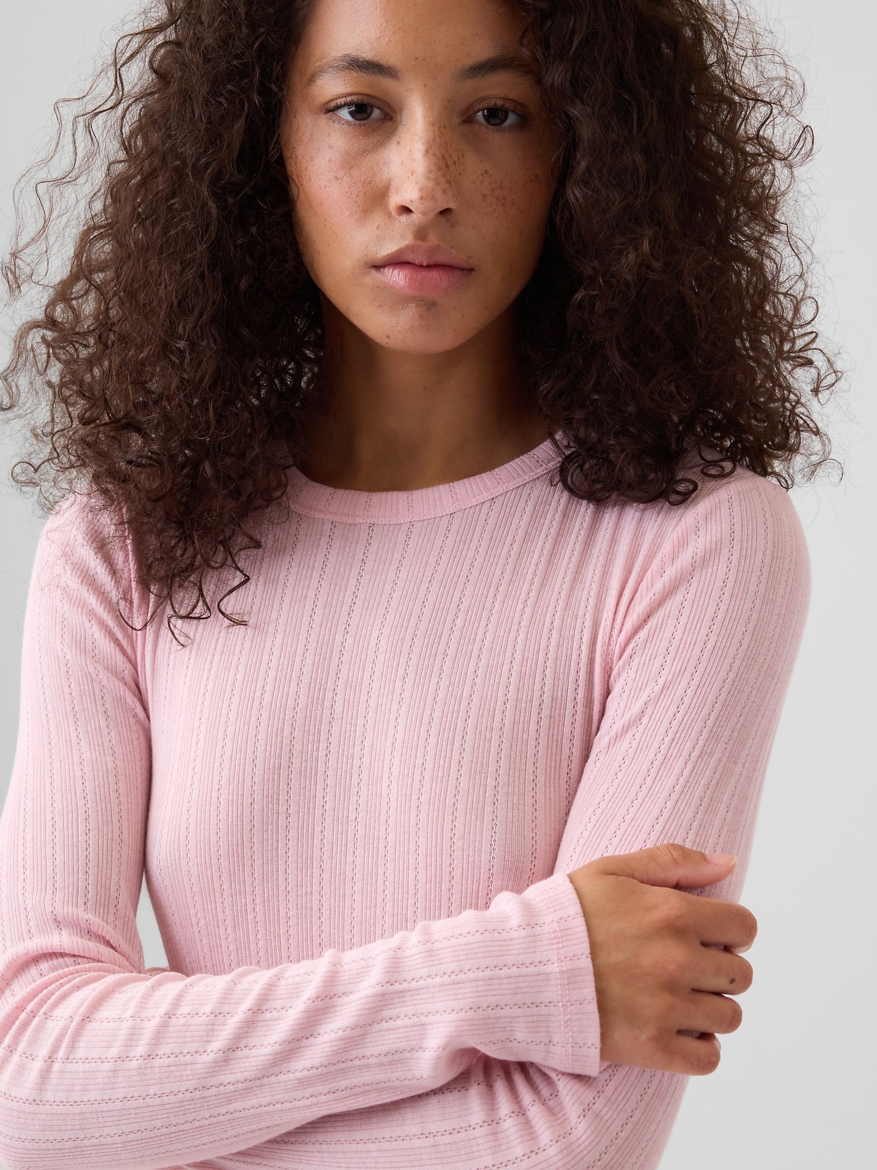 Pink Essential Ribbed Pointelle Long Sleeve T-Shirt - Image 4 of 5