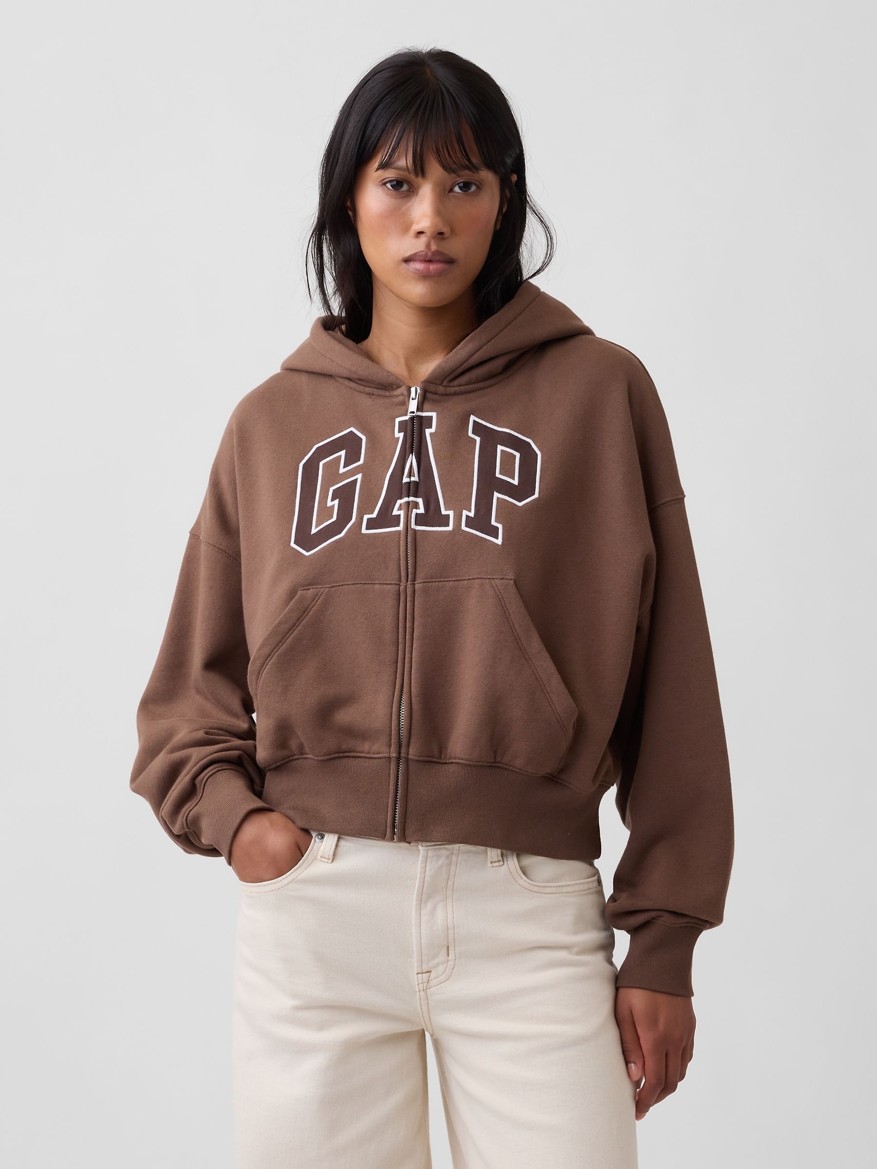 Brown Vintage Soft Oversized Logo Zip-Up Hoodie - Image 1 of 4