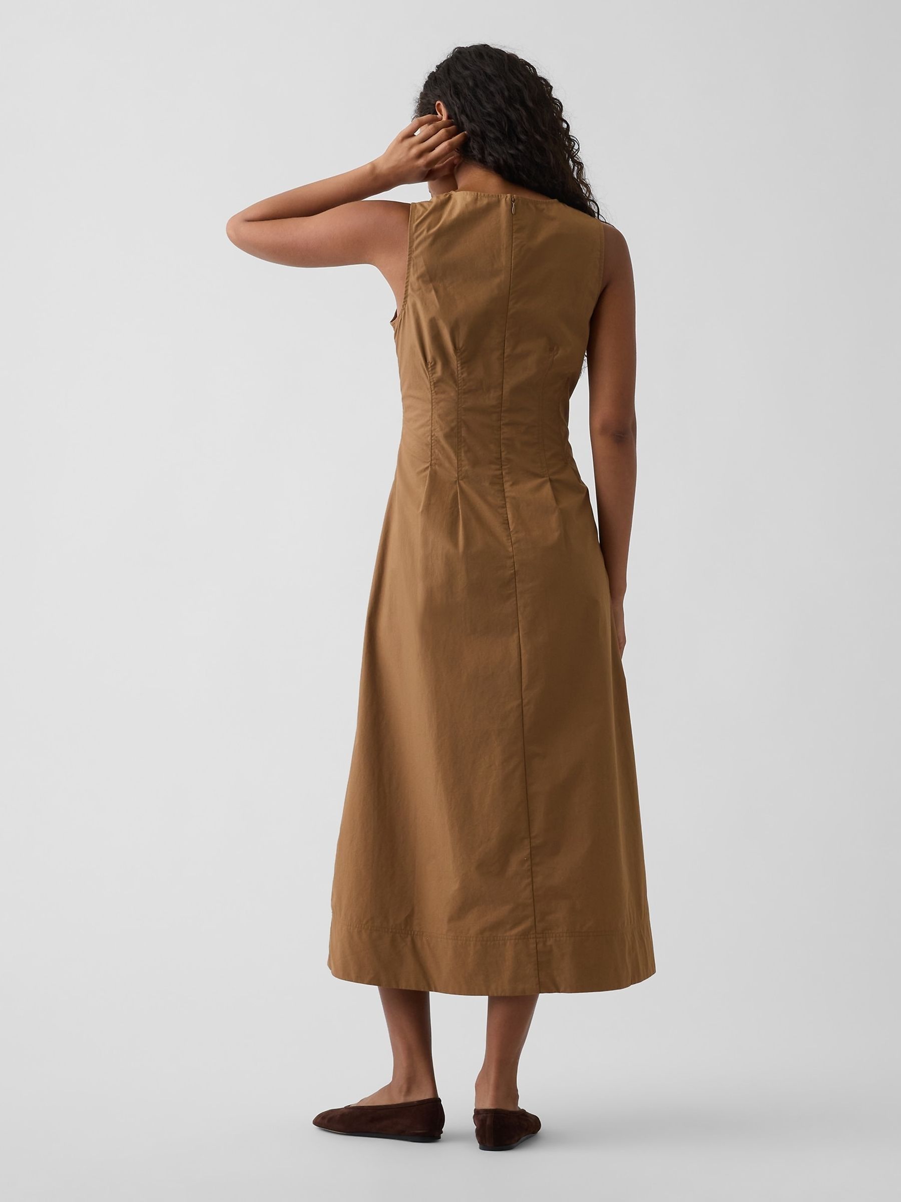 Brown Poplin V-Neck Cinched Maxi Dress - Image 2 of 4 Brown Poplin V-Neck Cinched Maxi Dress - Image 2 of 4