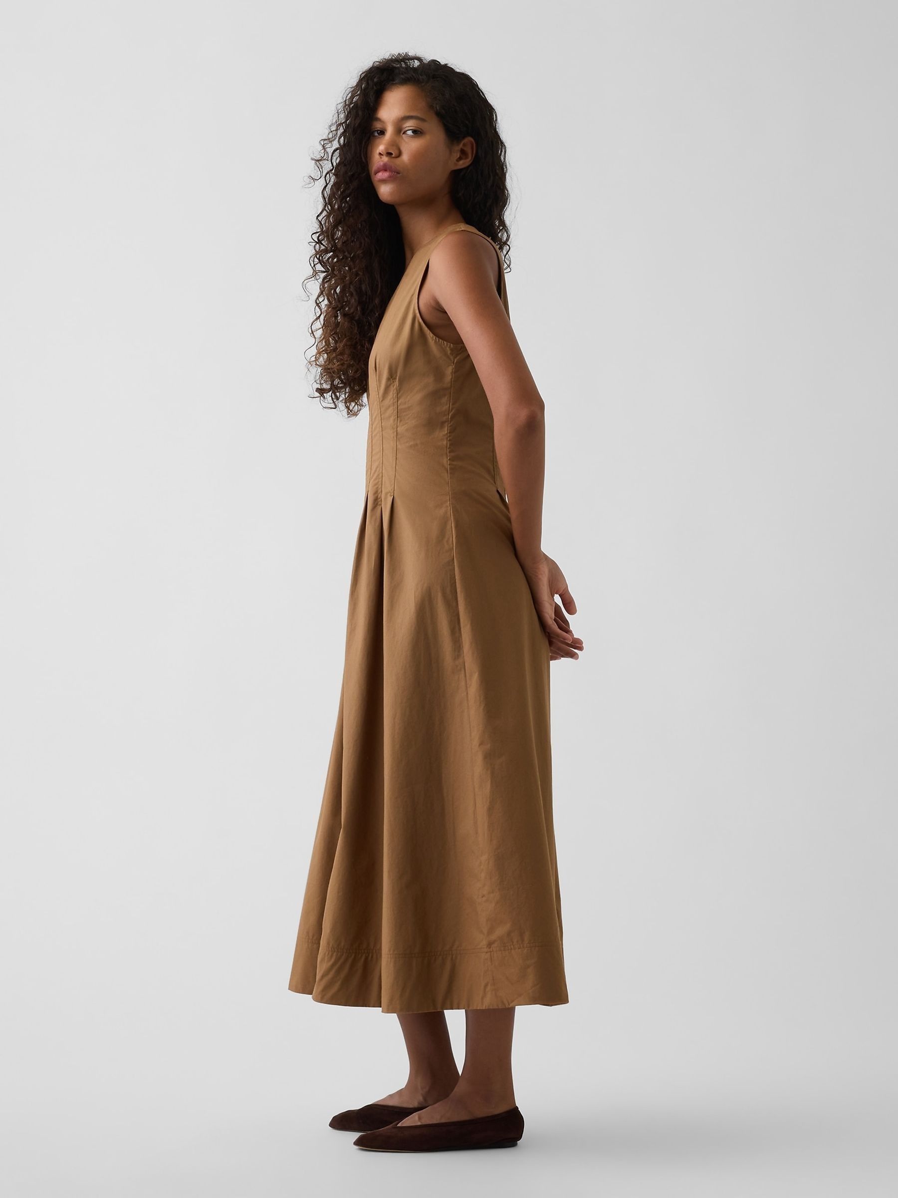 Brown Poplin V-Neck Cinched Maxi Dress - Image 3 of 4