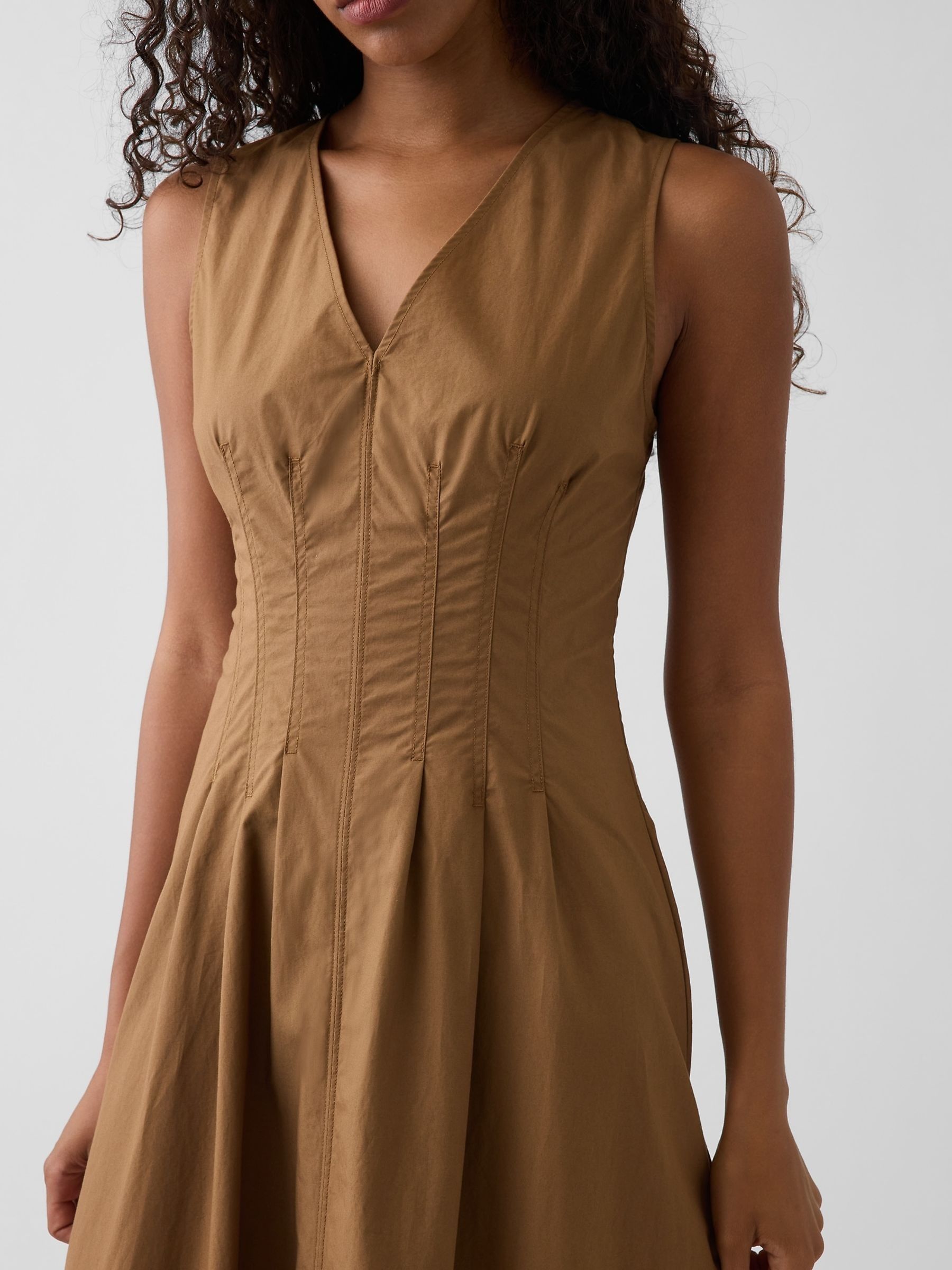 Brown Poplin V-Neck Cinched Maxi Dress - Image 4 of 4
