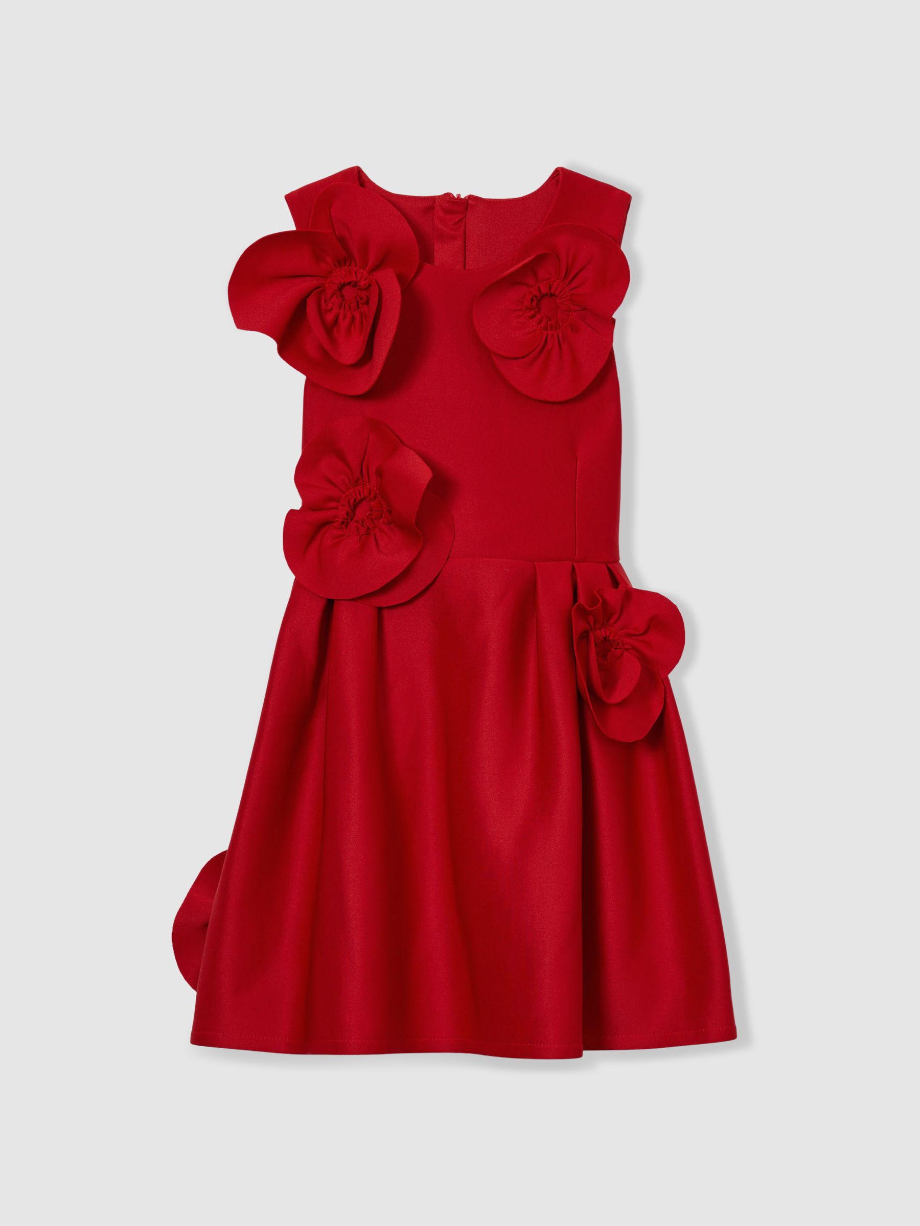9-13 yrs Scuba 3D-Flowers Flared Dress in Red - Image 2 of 4