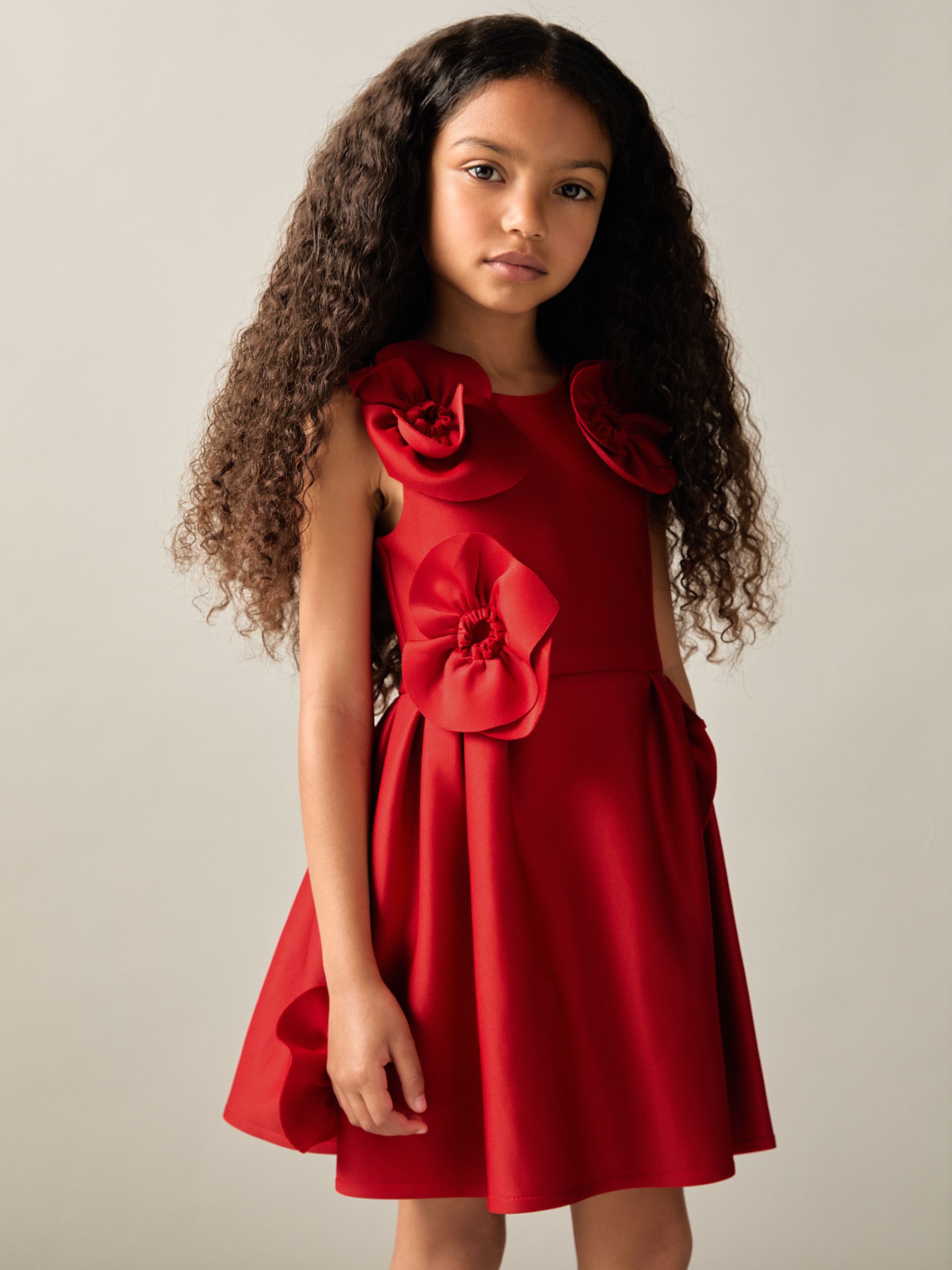 4-9 yrs Scuba 3D-Flowers Flared Dress in Red - Image 1 of 4