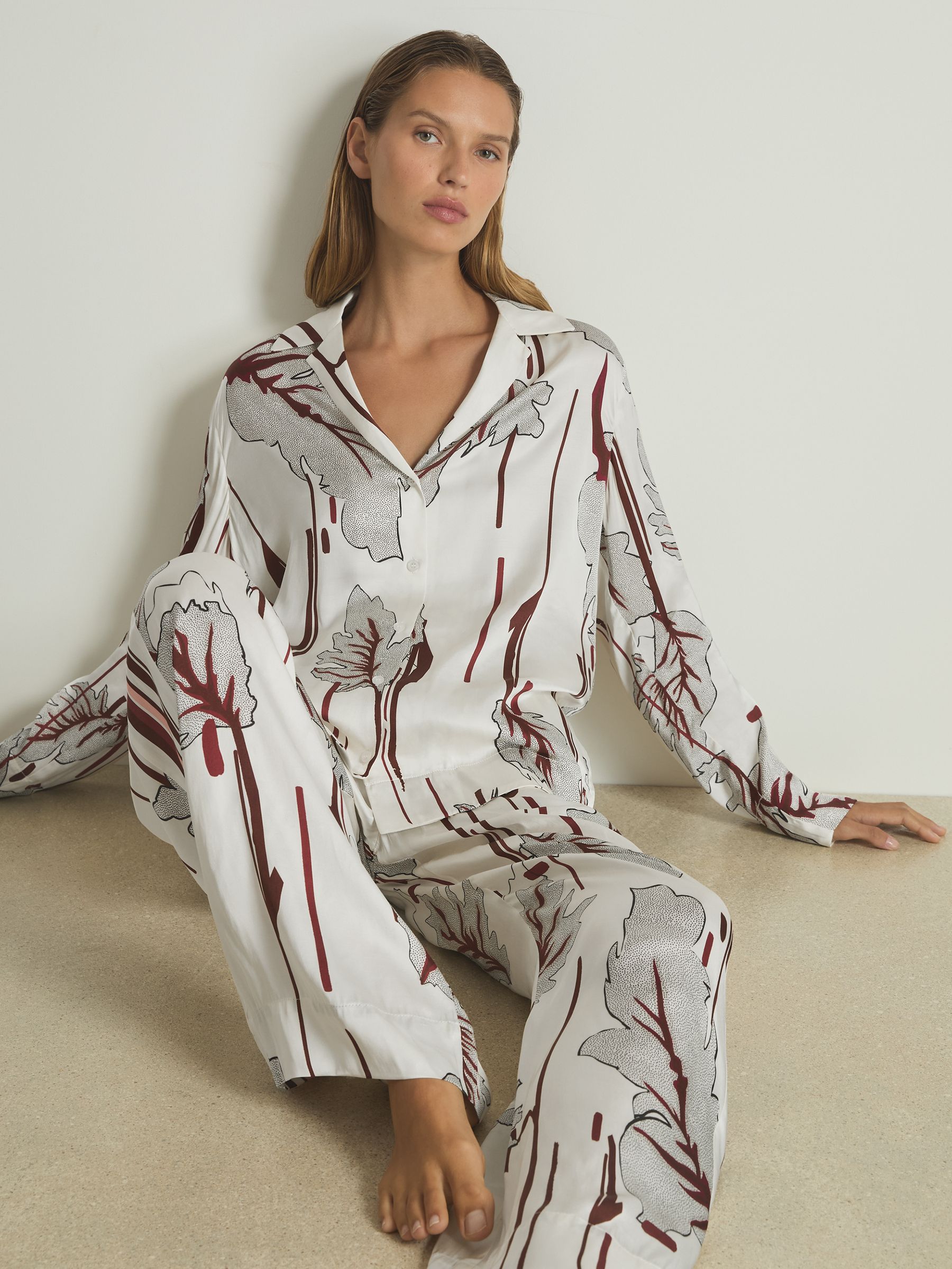 Satin Printed Pyjama Set in Ivory/Burgundy - Image 1 of 6