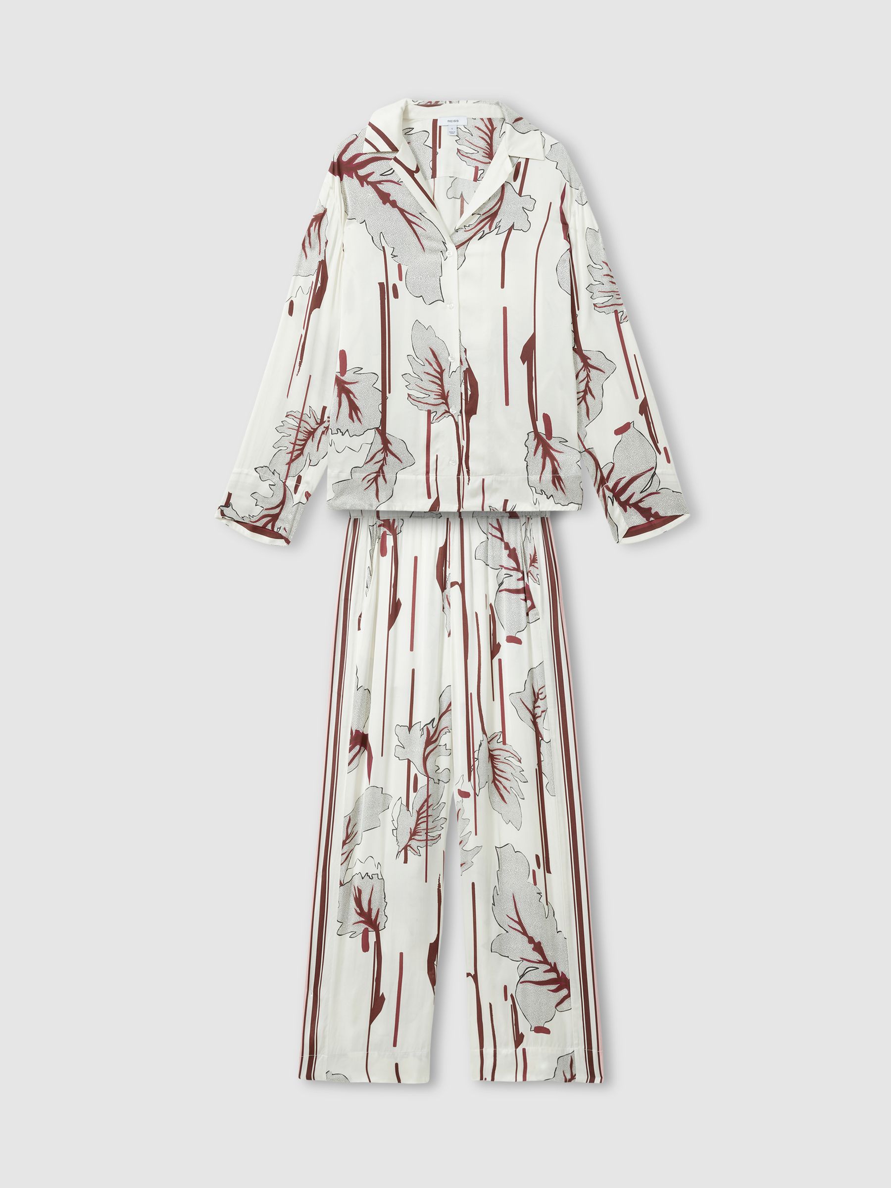 Satin Printed Pyjama Set in Ivory/Burgundy - Image 2 of 6