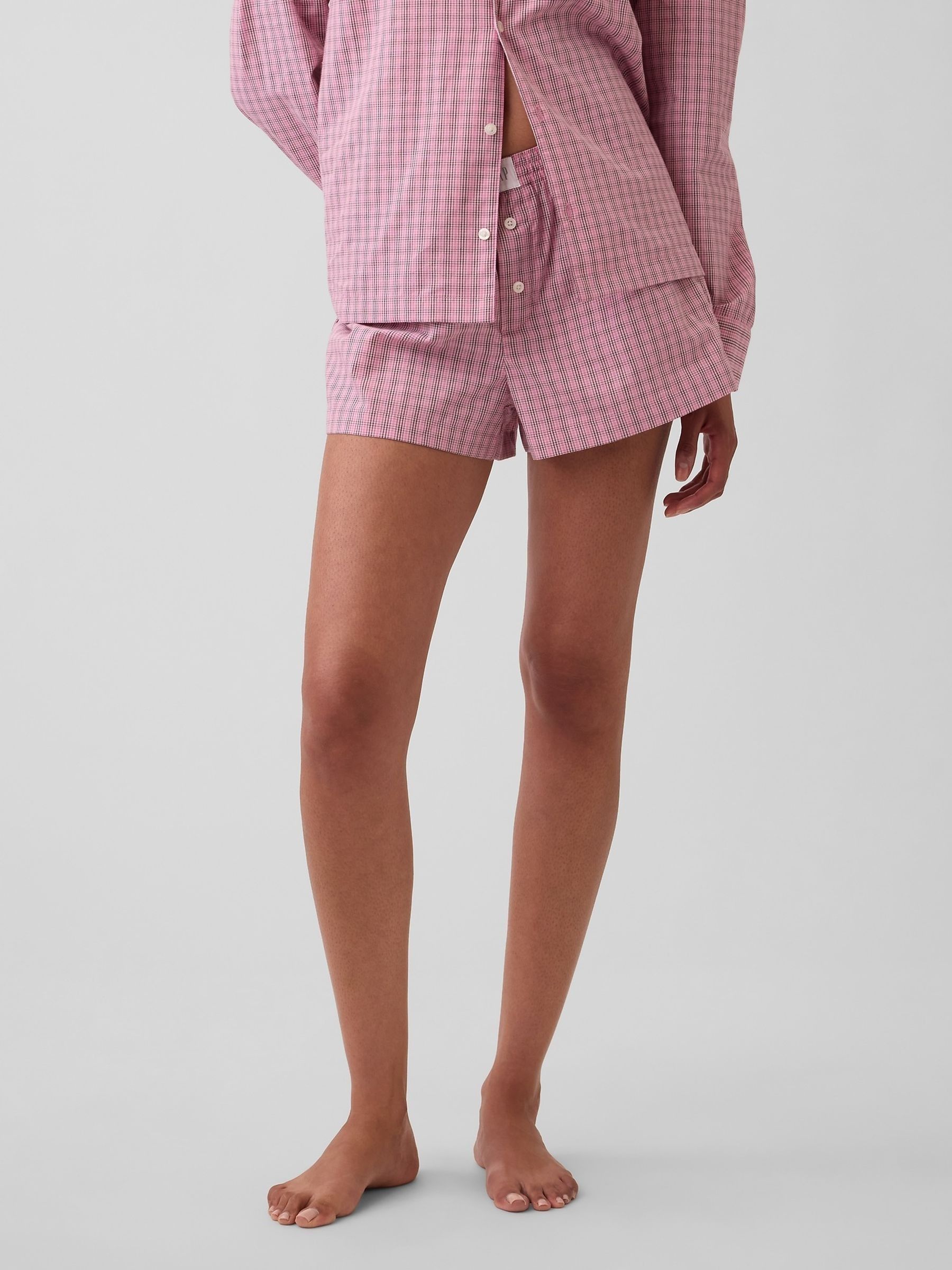 Pink Check Poplin Pyjamas Boxer Shorts - Image 1 of 5 Pink Check Poplin Pyjamas Boxer Shorts - Image 1 of 5