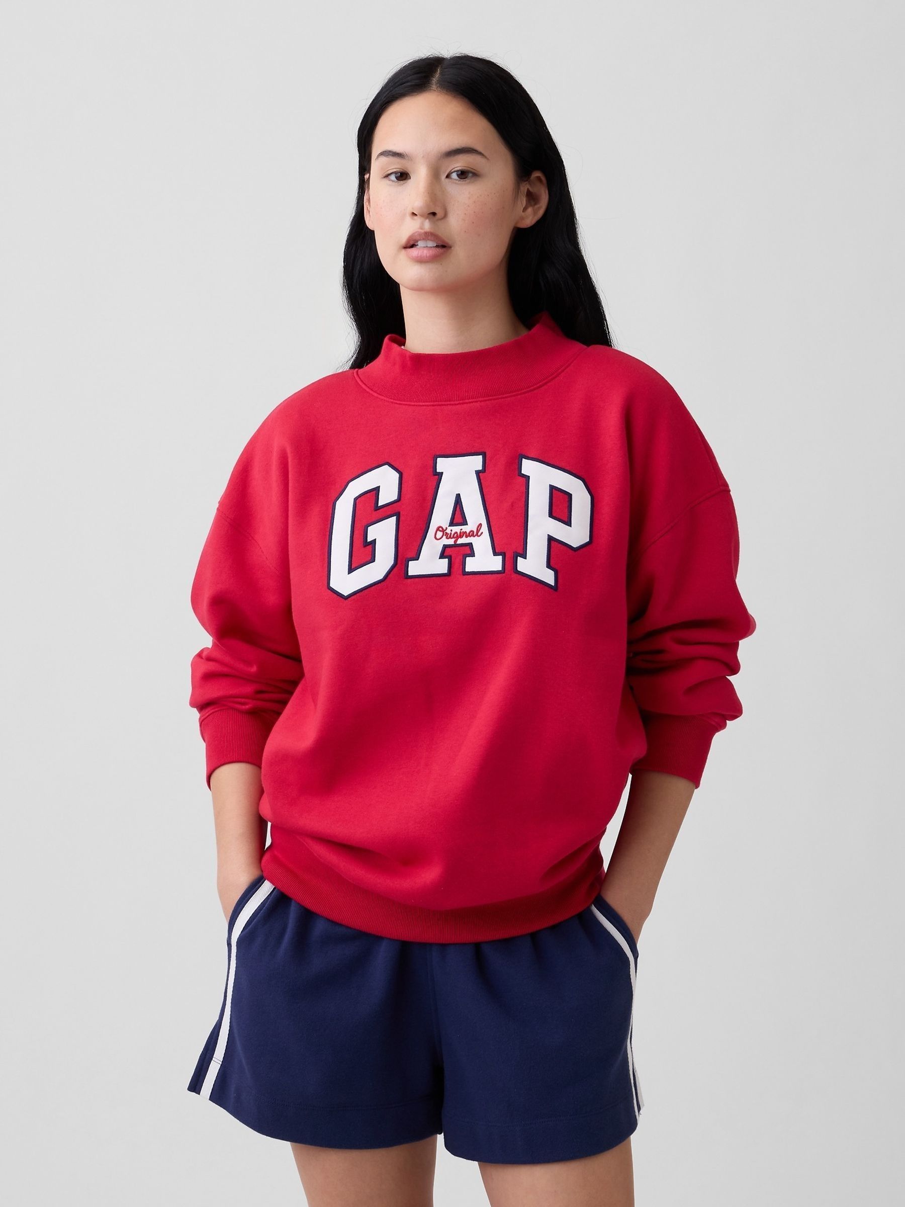 Red Oversized Logo Mock Neck Tunic Sweatshirt - Image 1 of 5 Red Oversized Logo Mock Neck Tunic Sweatshirt - Image 1 of 5