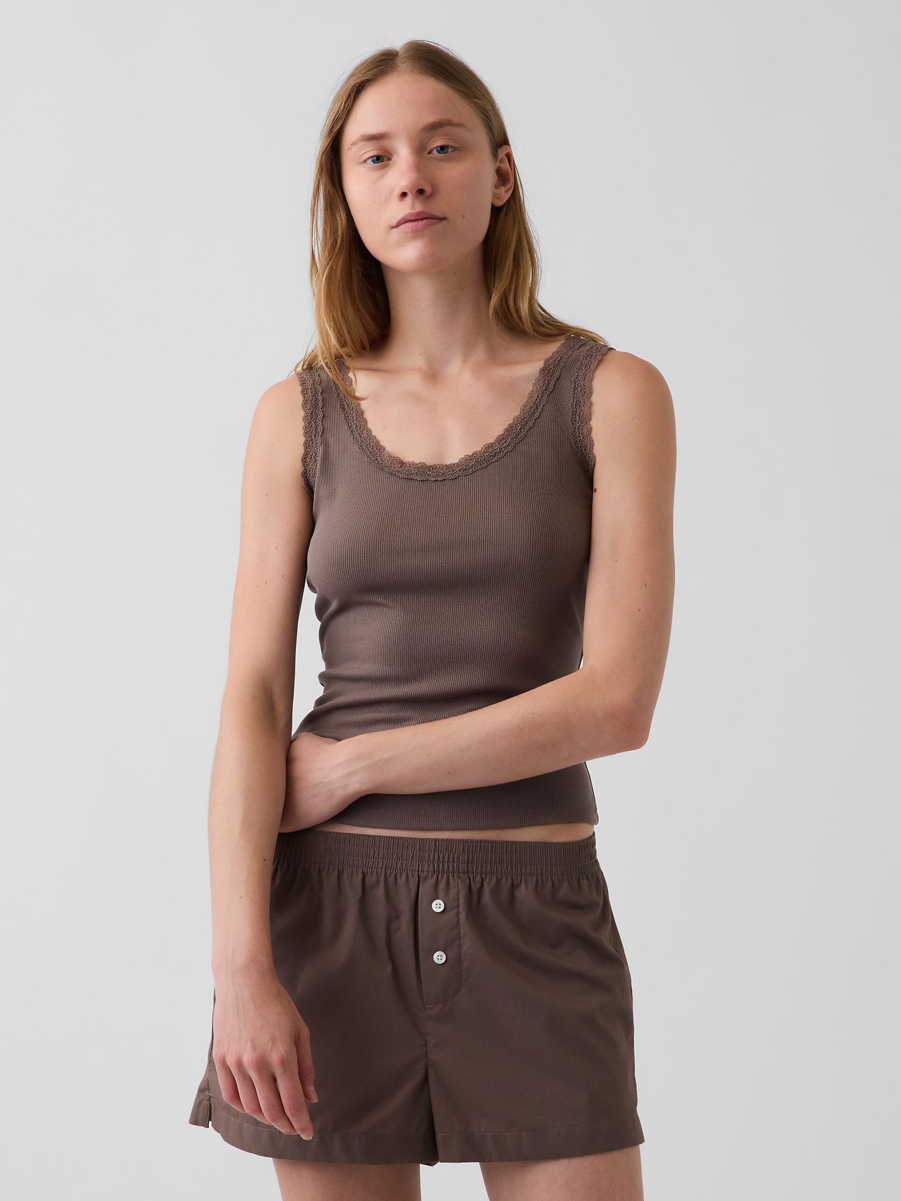 Brown Mini Rib Lace-Trim Pyjamas Vest - Image 1 of 4