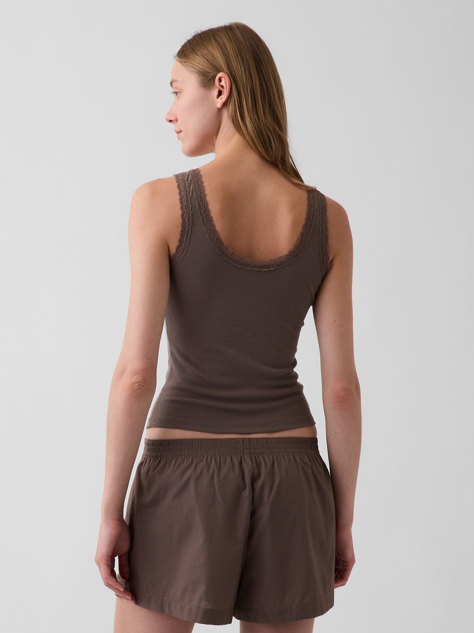 Brown Mini Rib Lace-Trim Pyjamas Vest - Image 2 of 4