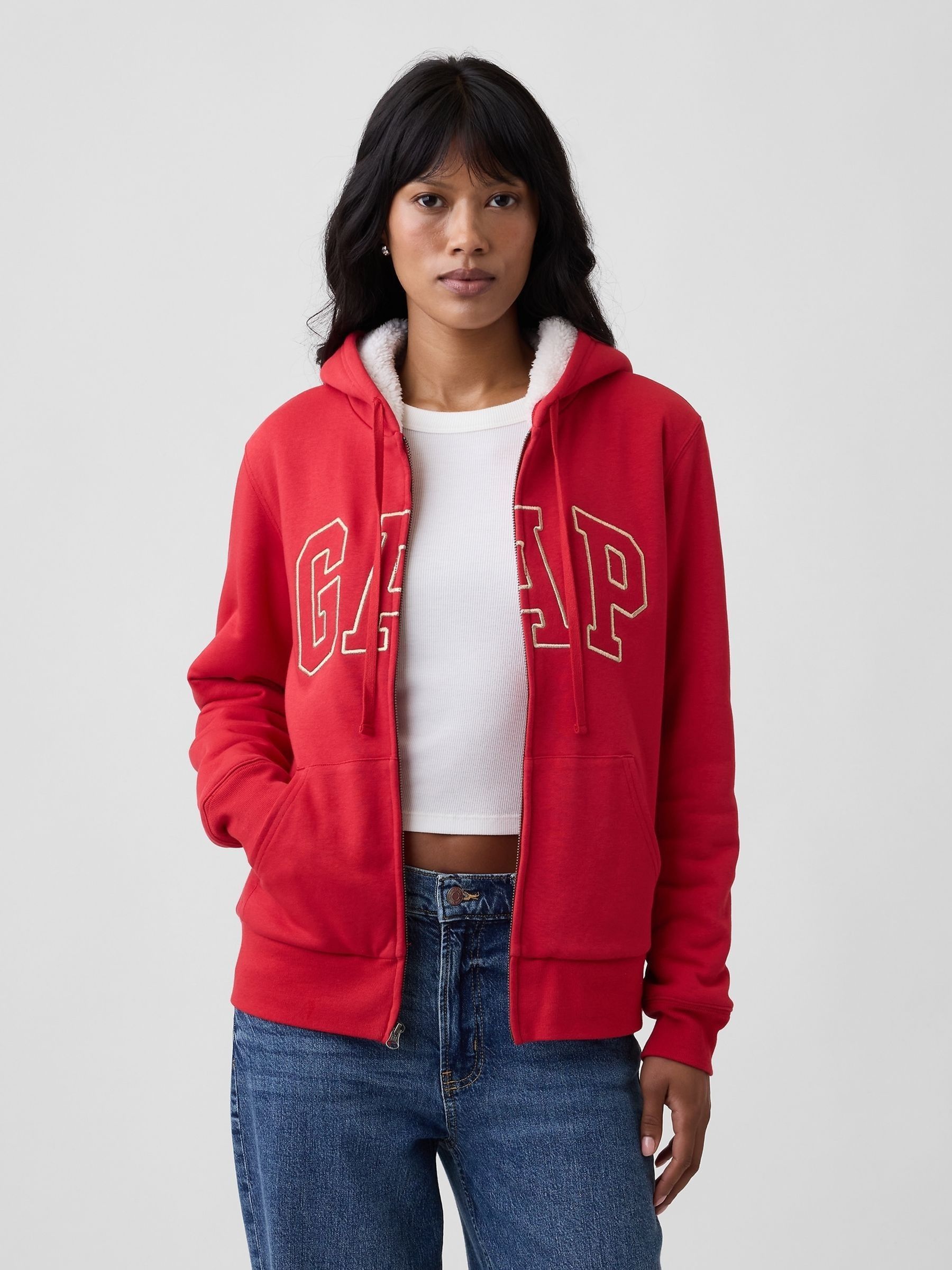 Red Relaxed Logo Sherpa-Lined Zip-Up Hoodie - Image 1 of 4