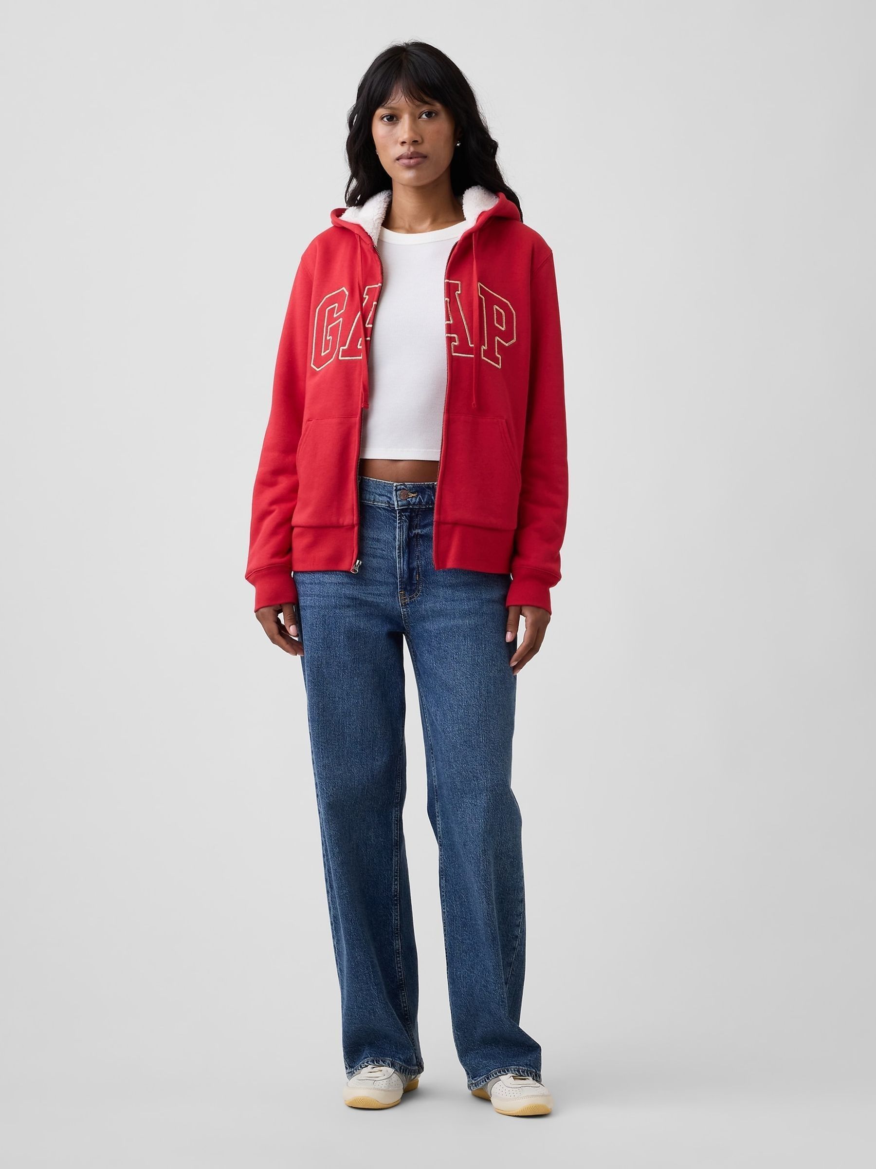 Red Relaxed Logo Sherpa-Lined Zip-Up Hoodie - Image 3 of 4
