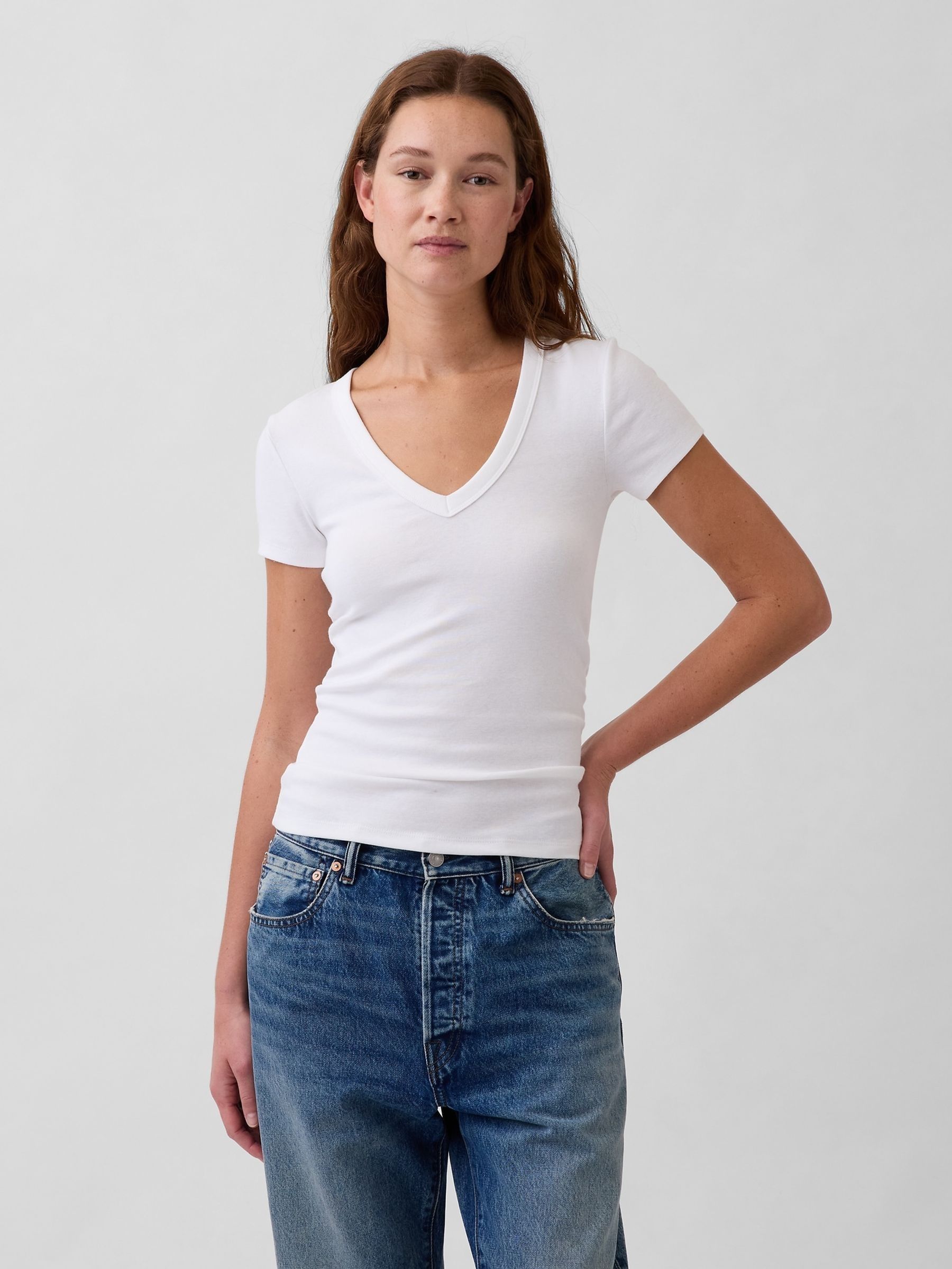 White Modern V-Neck Short T-Shirt - Image 1 of 4