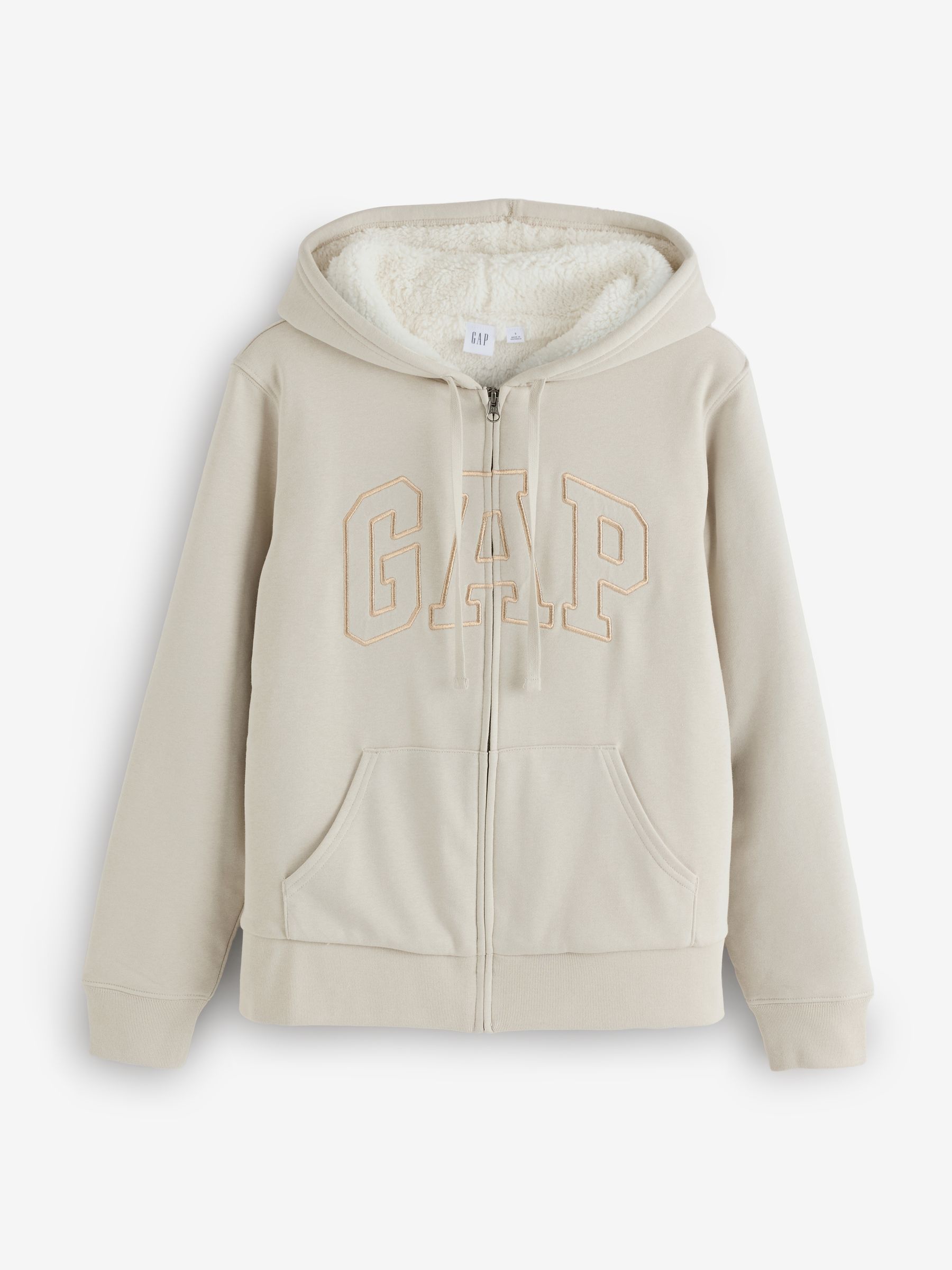 Beige Relaxed Logo Sherpa-Lined Zip-Up Hoodie - Image 1 of 4 Beige Relaxed Logo Sherpa-Lined Zip-Up Hoodie - Image 1 of 4