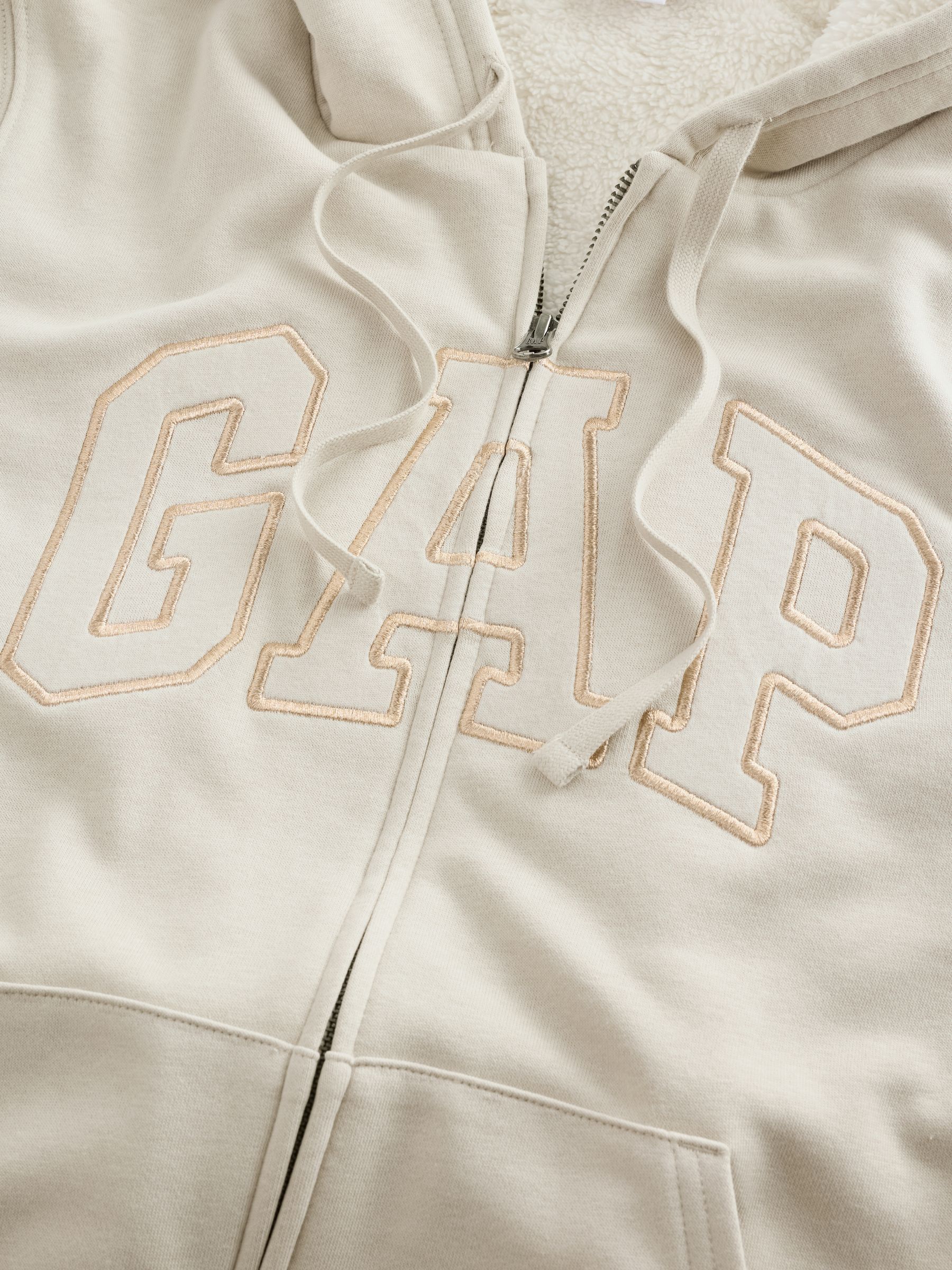 Beige Relaxed Logo Sherpa-Lined Zip-Up Hoodie - Image 3 of 4