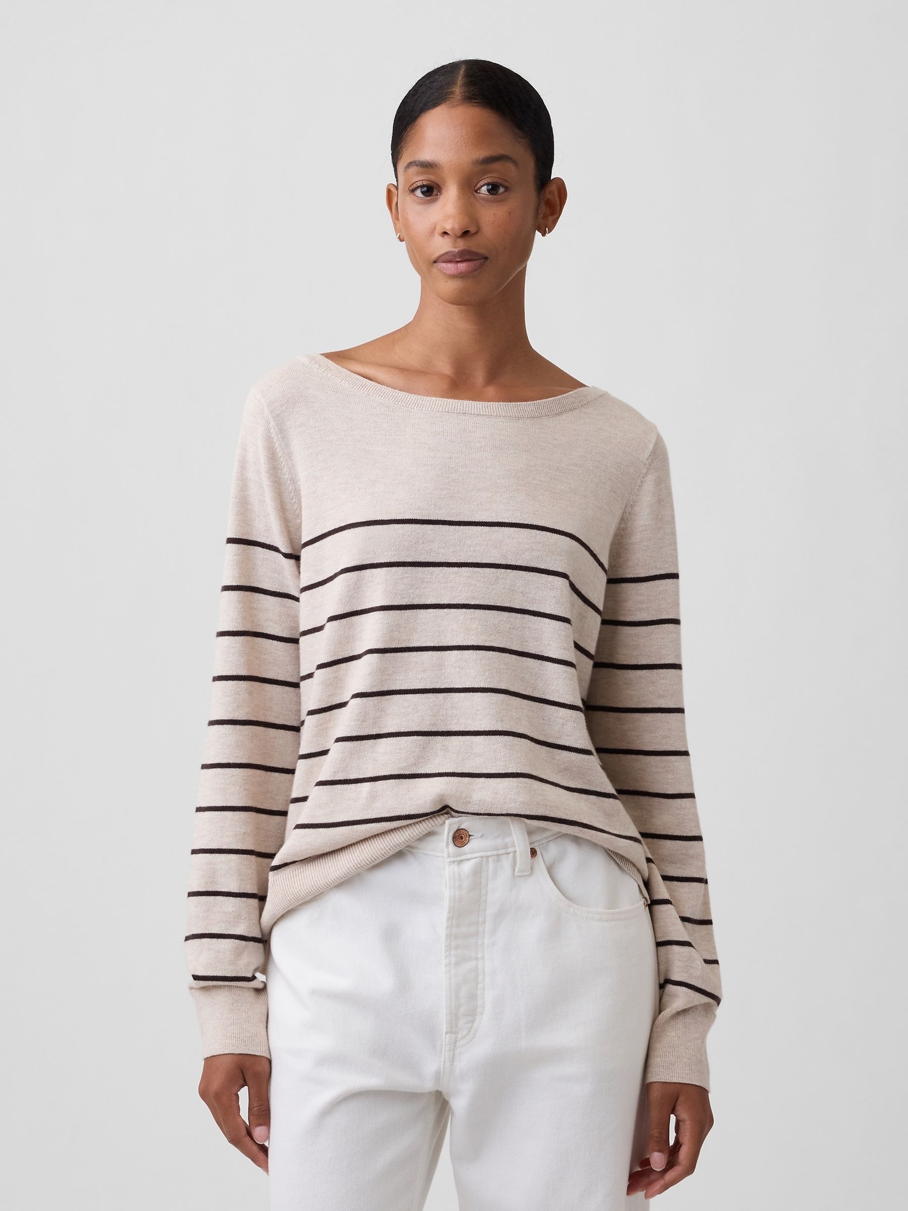 Beige Stripe Relaxed Jersey Boatneck Jumper - Image 1 of 5