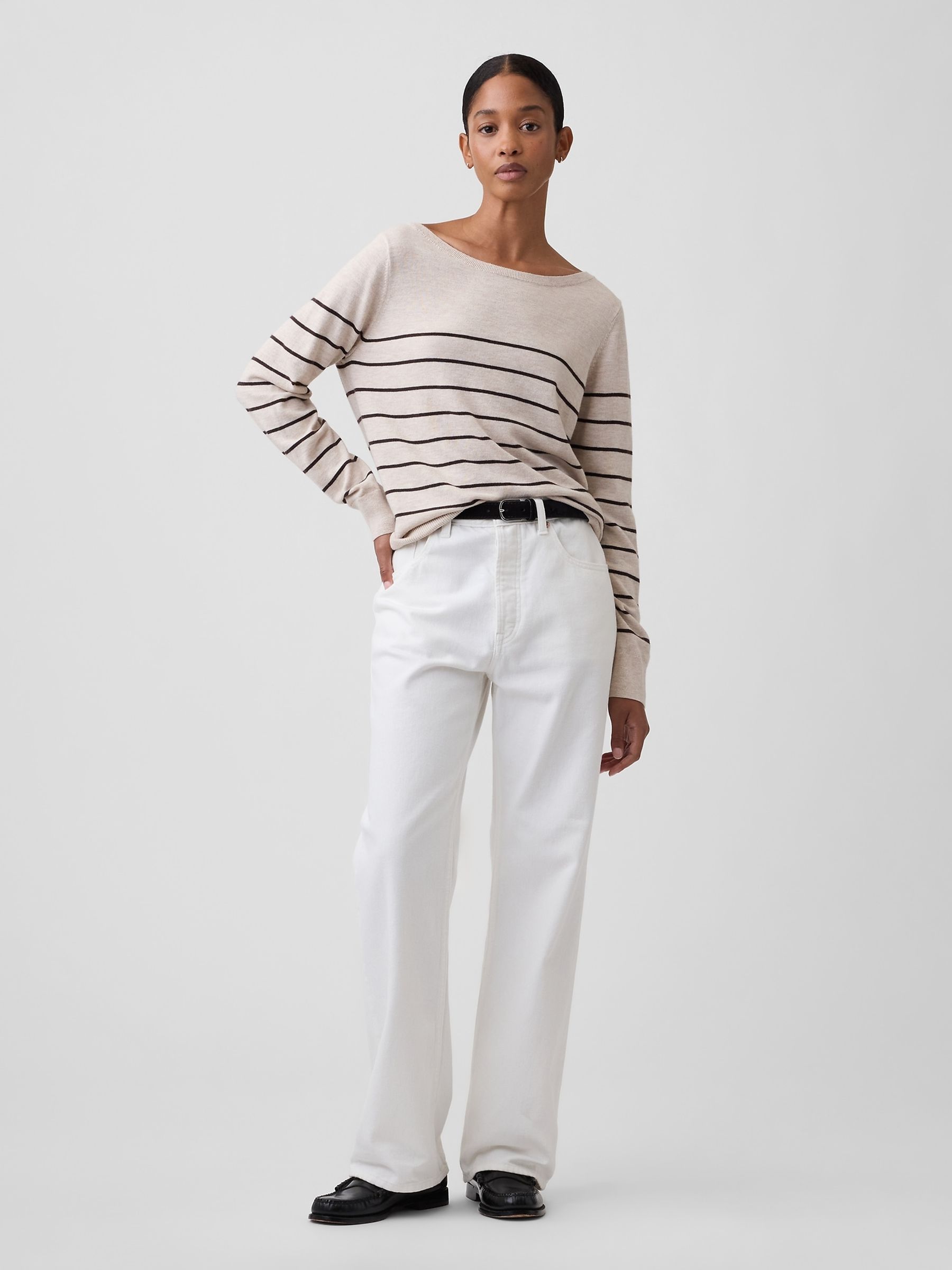 Beige Stripe Relaxed Jersey Boatneck Jumper - Image 3 of 5