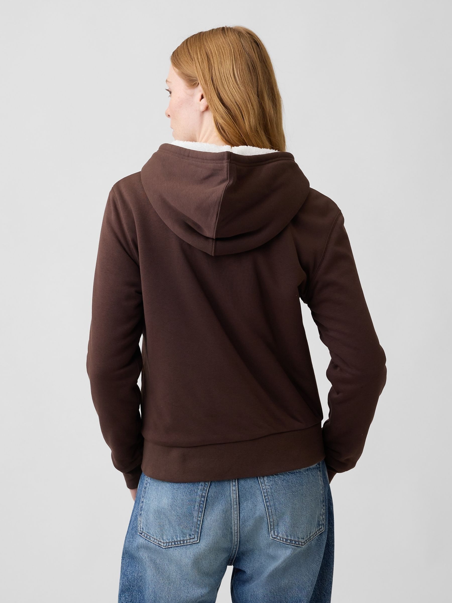 Brown Relaxed Logo Sherpa-Lined Zip-Up Hoodie - Image 2 of 4 Brown Relaxed Logo Sherpa-Lined Zip-Up Hoodie - Image 2 of 4