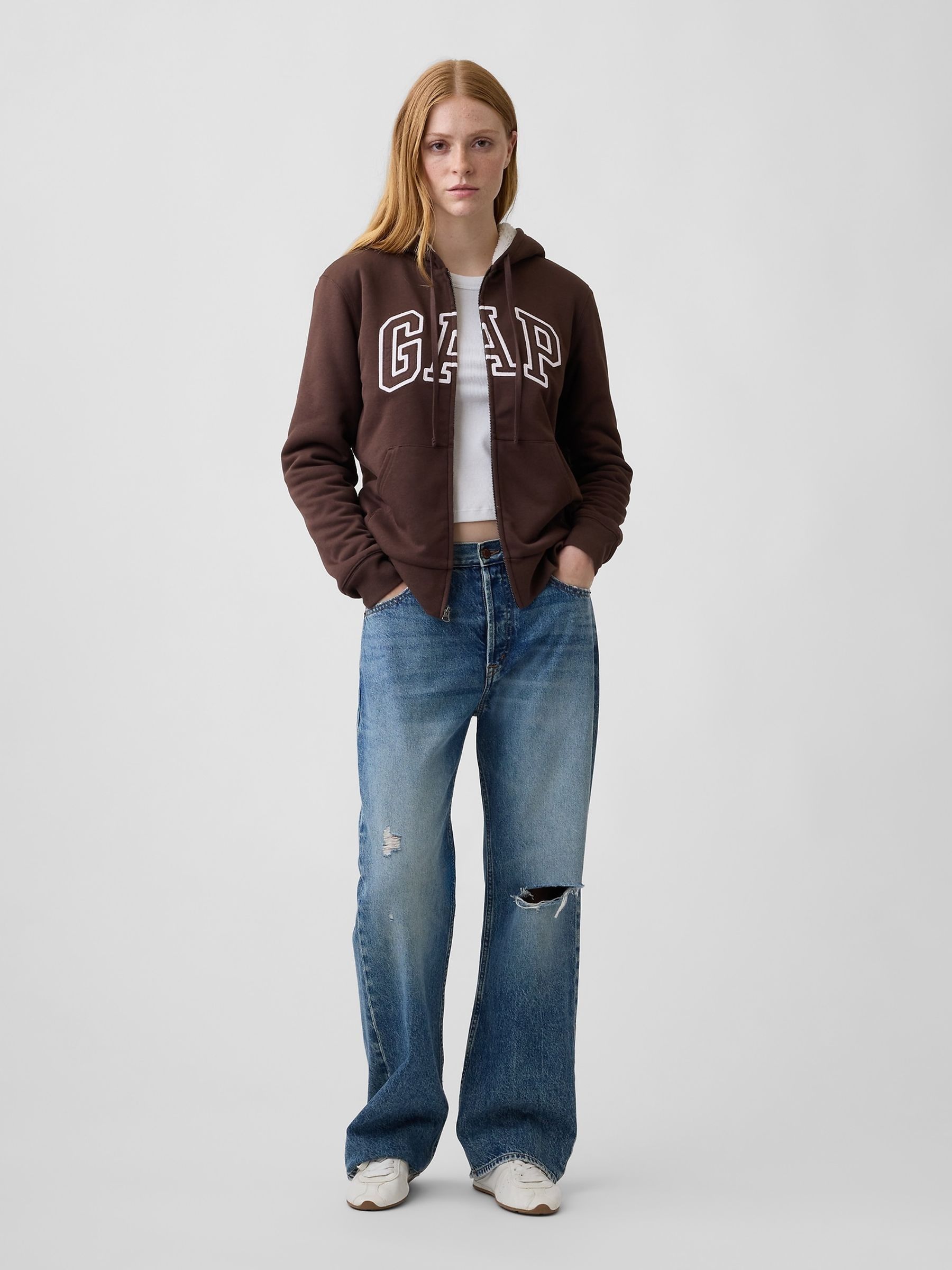 Brown Relaxed Logo Sherpa-Lined Zip-Up Hoodie - Image 3 of 4